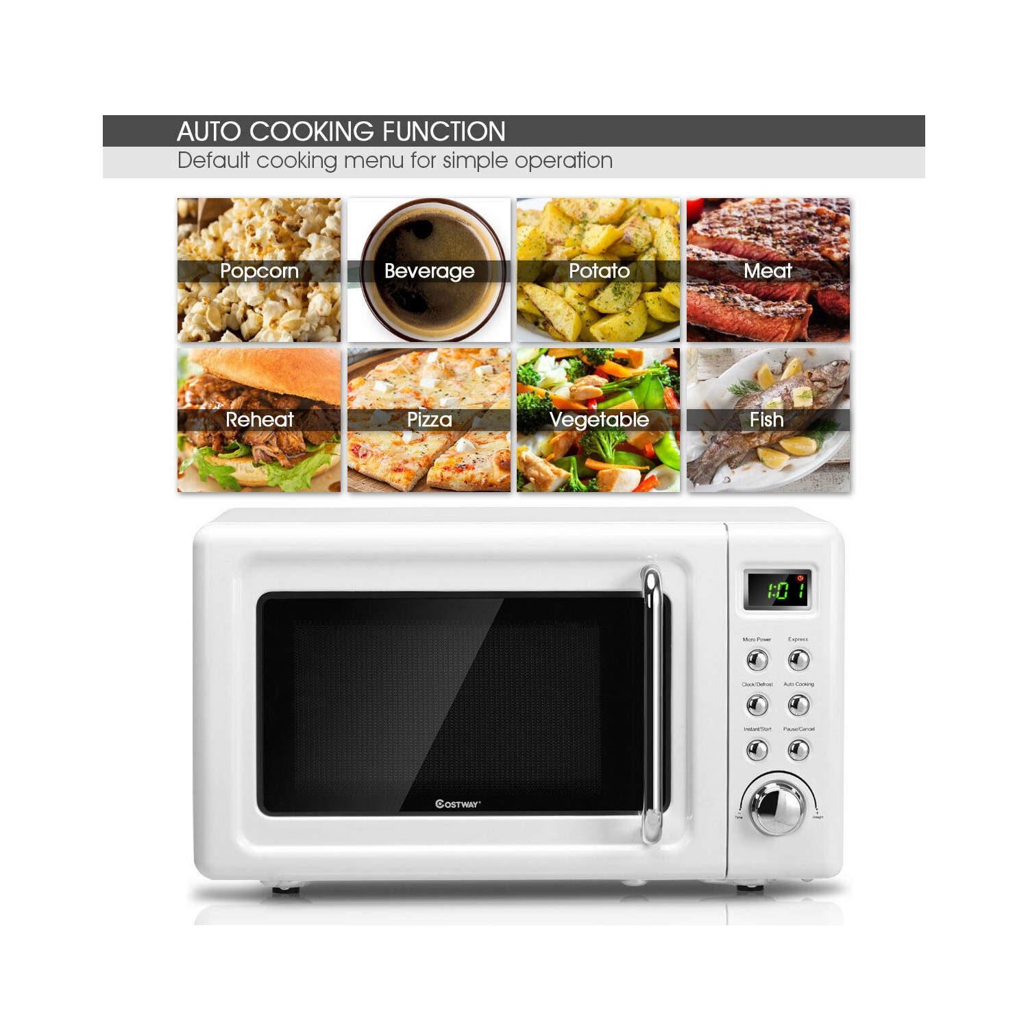 Costway 0.7Cu.ft Retro Countertop Microwave Oven - 700W LED Display - Glass Turntable - White