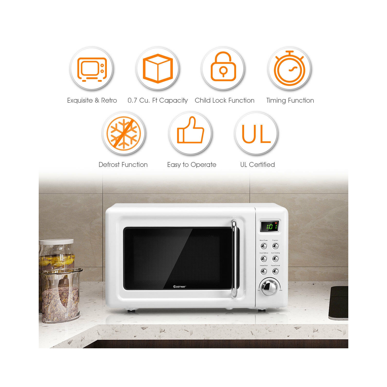 Costway 0.7Cu.ft Retro Countertop Microwave Oven - 700W LED Display - Glass Turntable - White