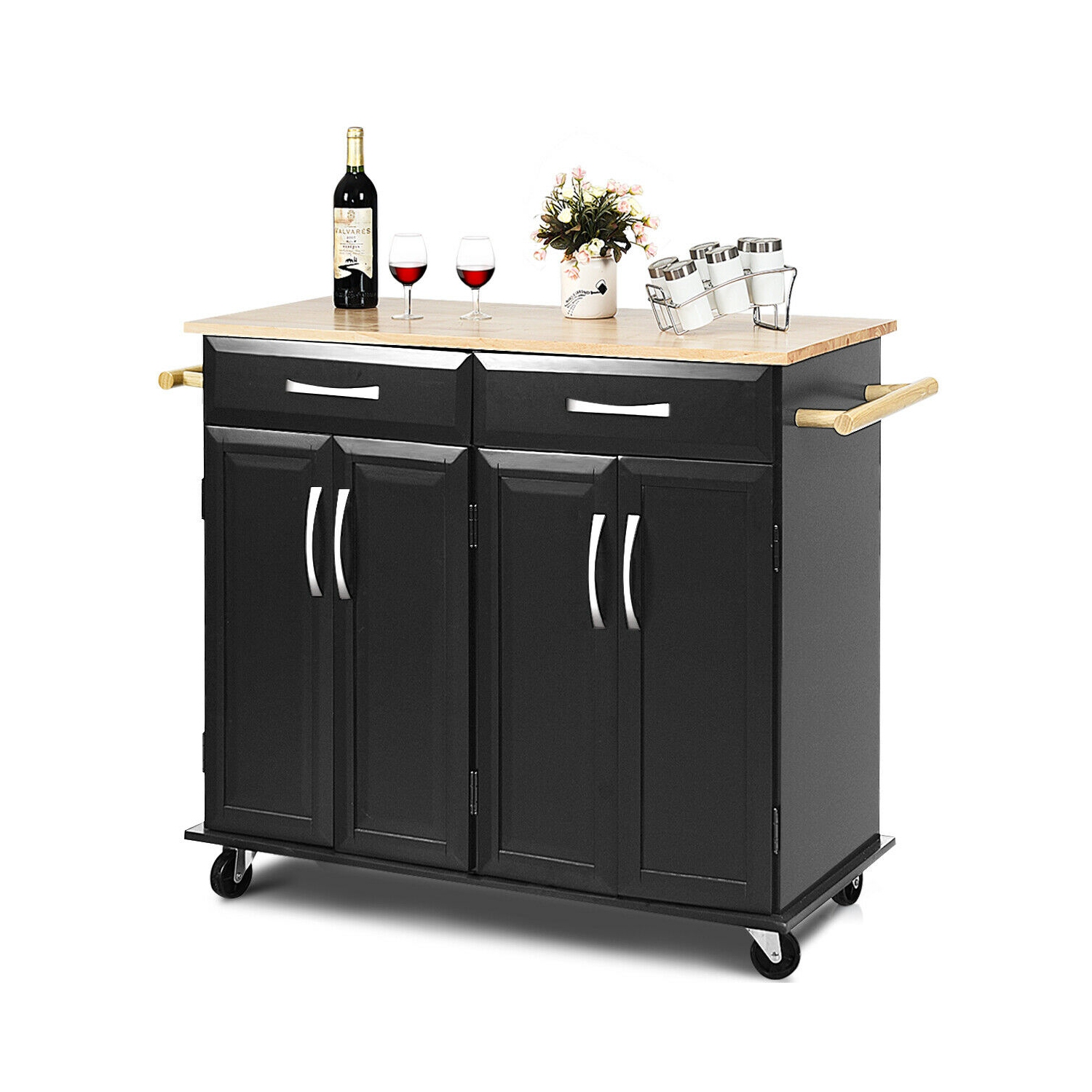 Rolling Kitchen Trolley Island Cart Wood Top Storage Cabinet Utility w/ Drawers