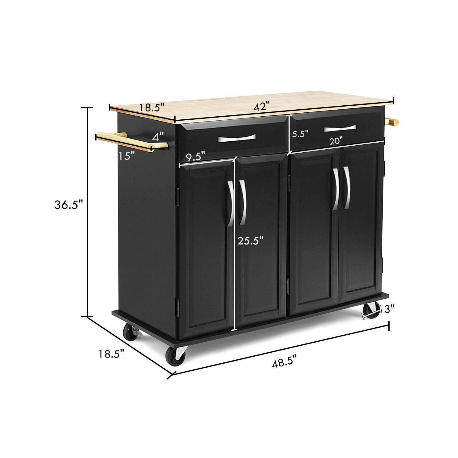 Rolling Kitchen Trolley Island Cart Wood Top Storage Cabinet Utility w/ Drawers