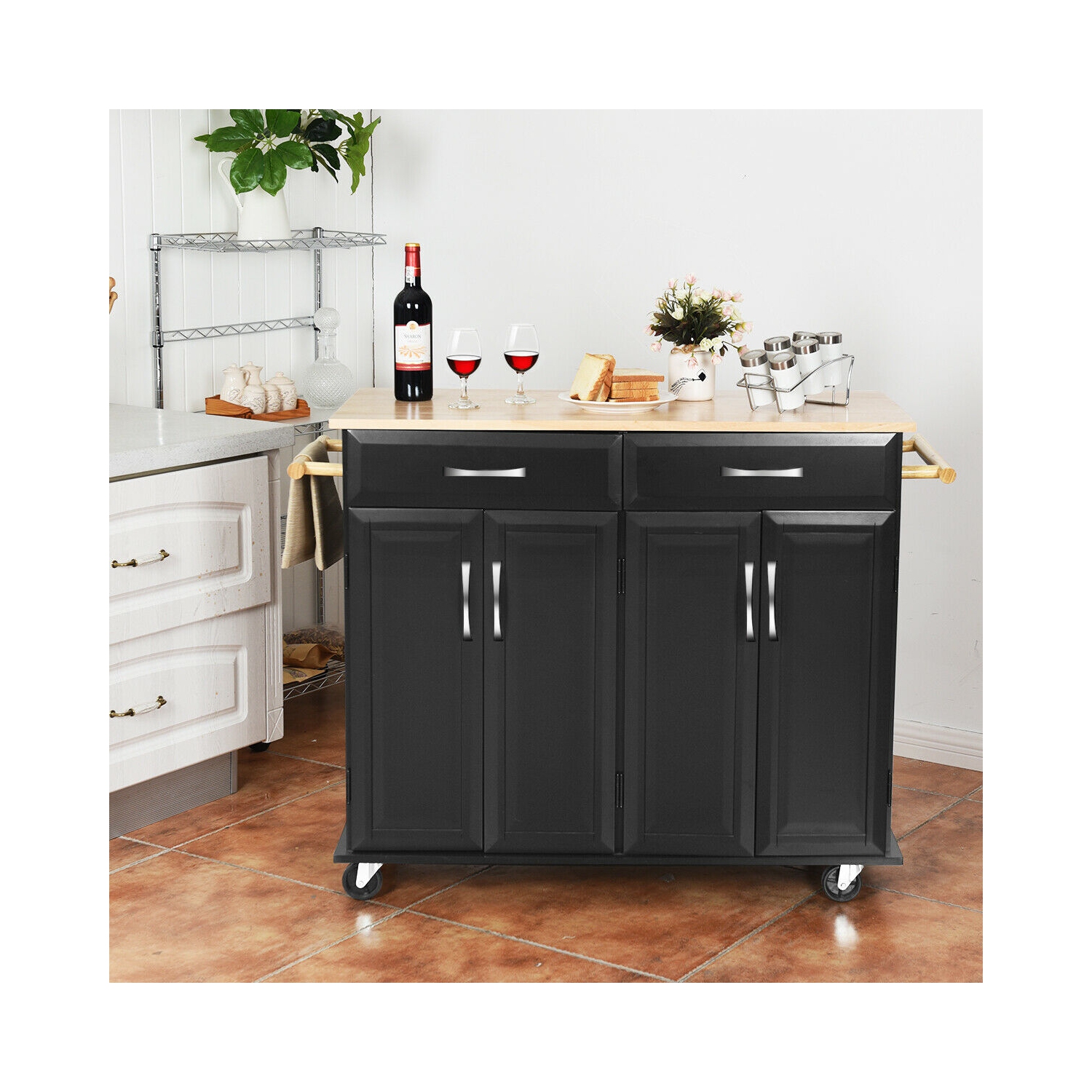 Rolling Kitchen Trolley Island Cart Wood Top Storage Cabinet Utility w/ Drawers