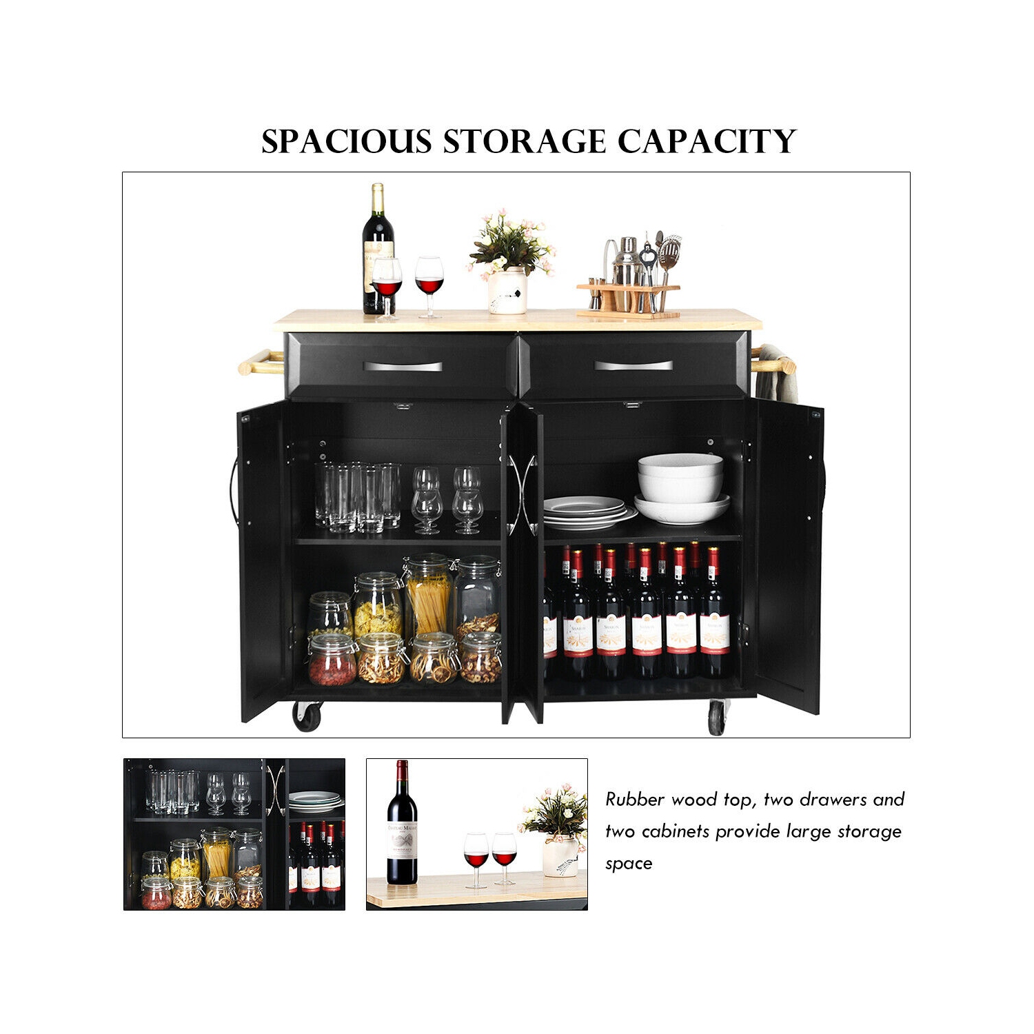 Rolling Kitchen Trolley Island Cart Wood Top Storage Cabinet Utility w/ Drawers