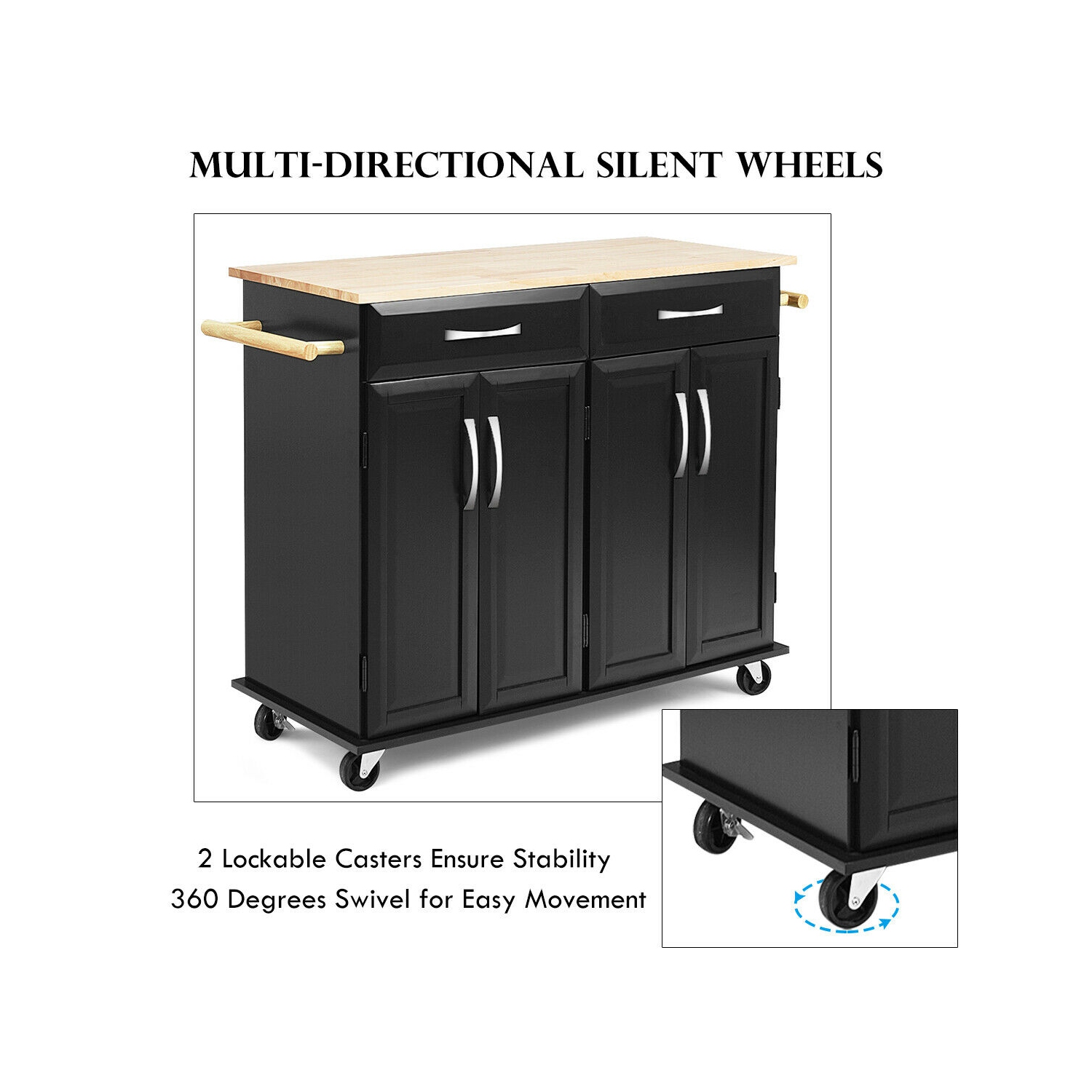 Rolling Kitchen Trolley Island Cart Wood Top Storage Cabinet Utility w/ Drawers
