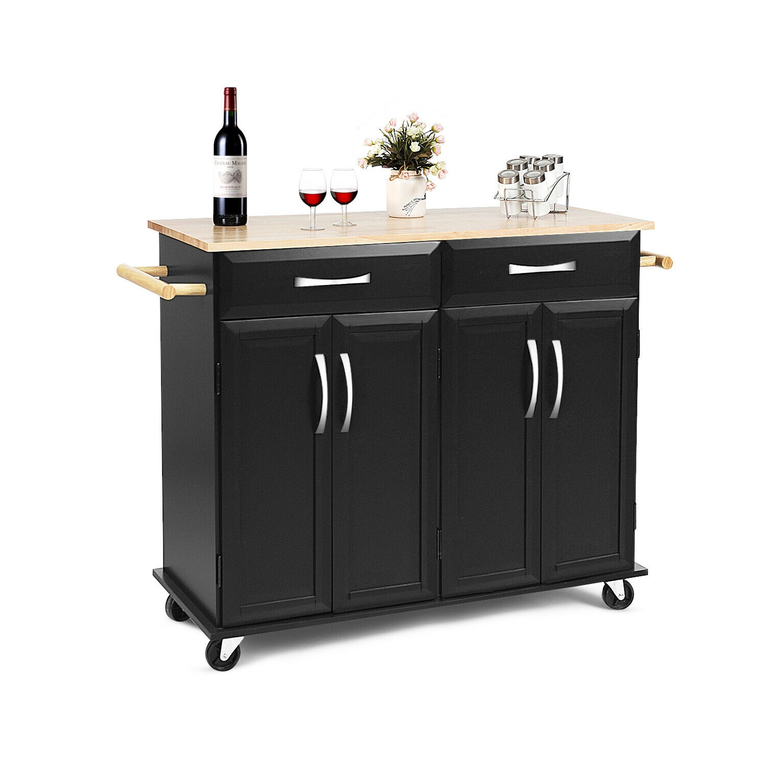 Rolling Kitchen Trolley Island Cart Wood Top Storage Cabinet Utility w/ Drawers