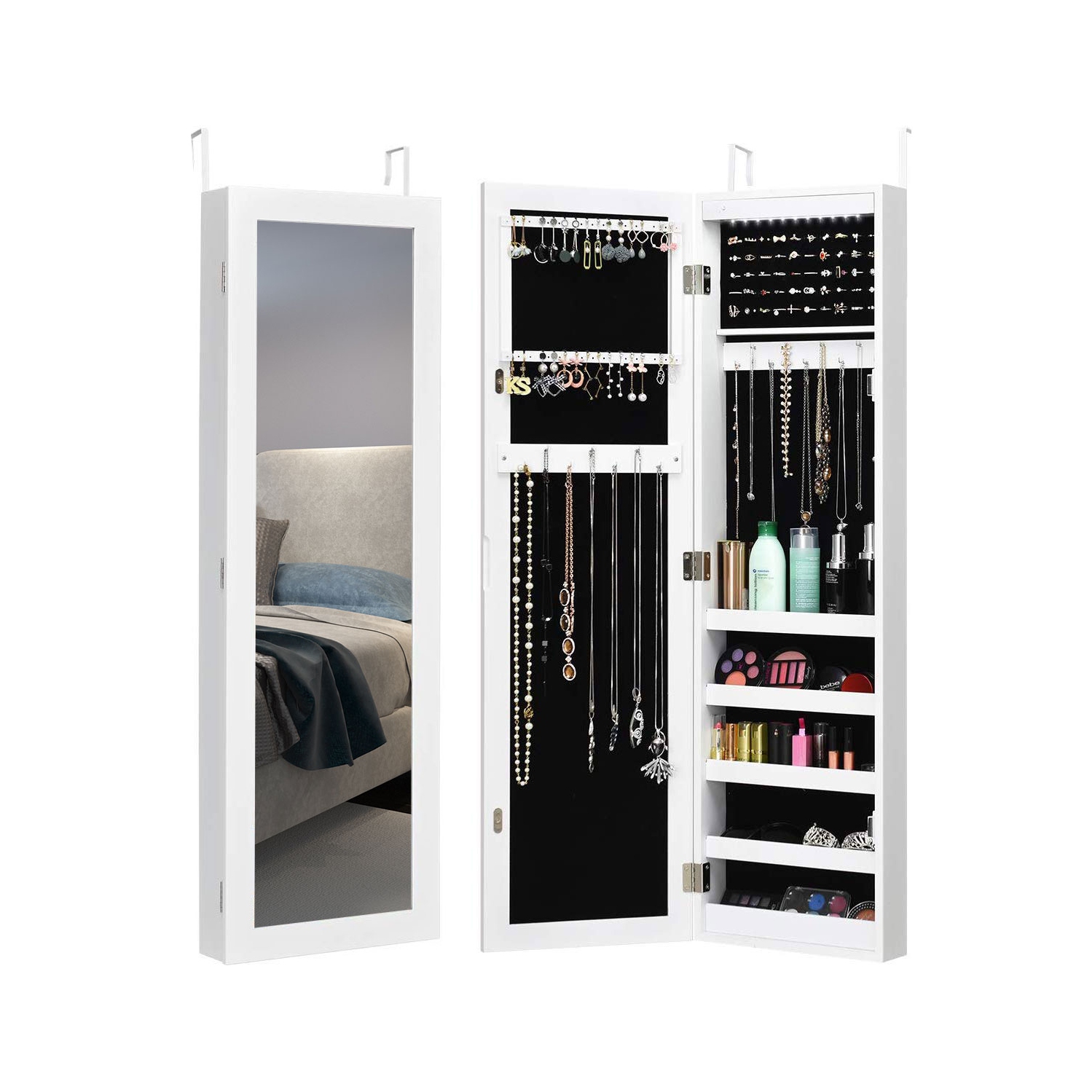 Costway Wall & Door Mounted Mirrored Jewelry Cabinet Armoire Organizer Storage LED Light