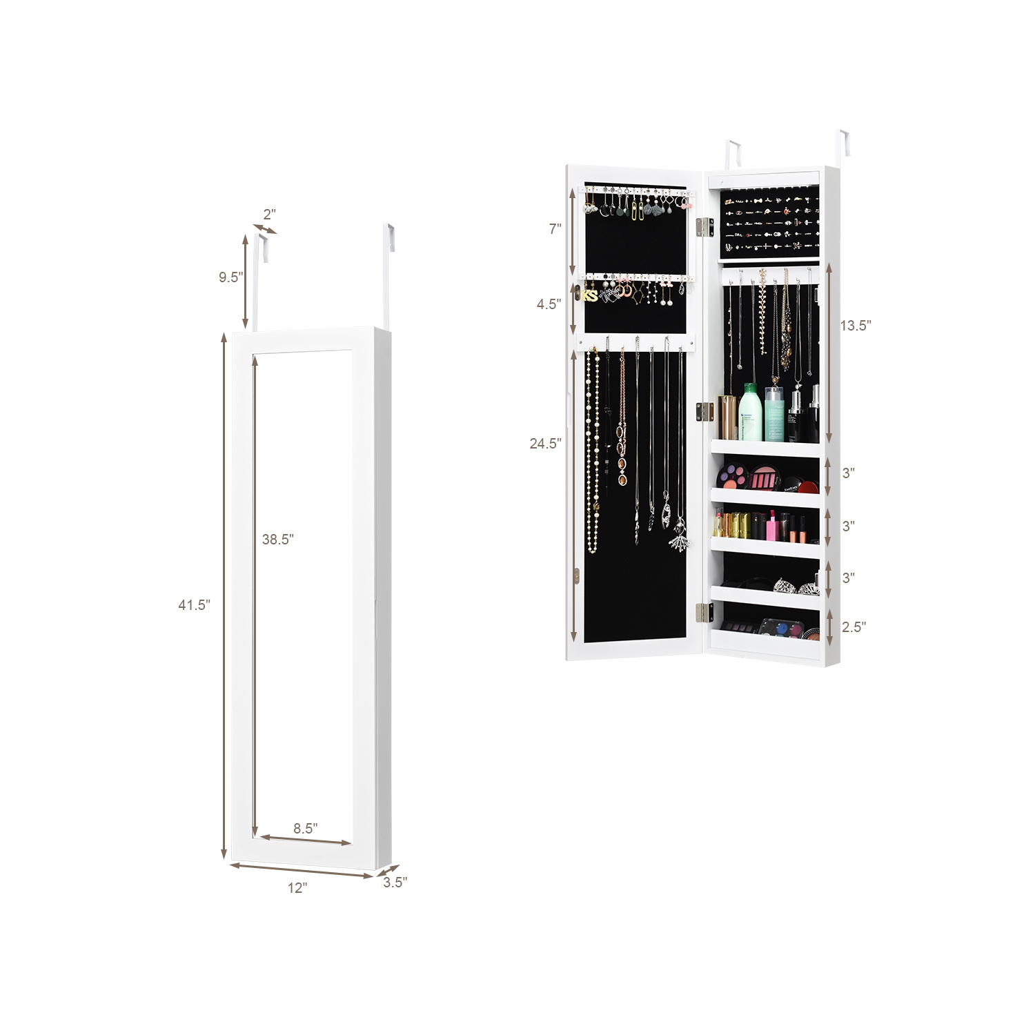 Costway Wall & Door Mounted Mirrored Jewelry Cabinet Armoire Organizer Storage LED Light