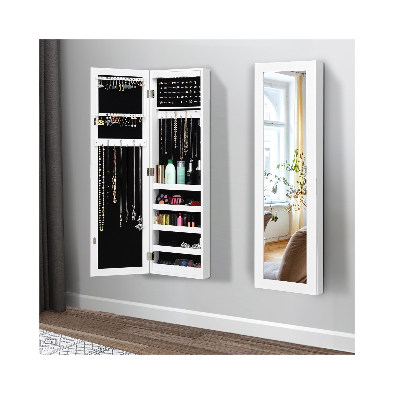 Costway Wall & Door Mounted Mirrored Jewelry Cabinet Armoire Organizer Storage LED Light