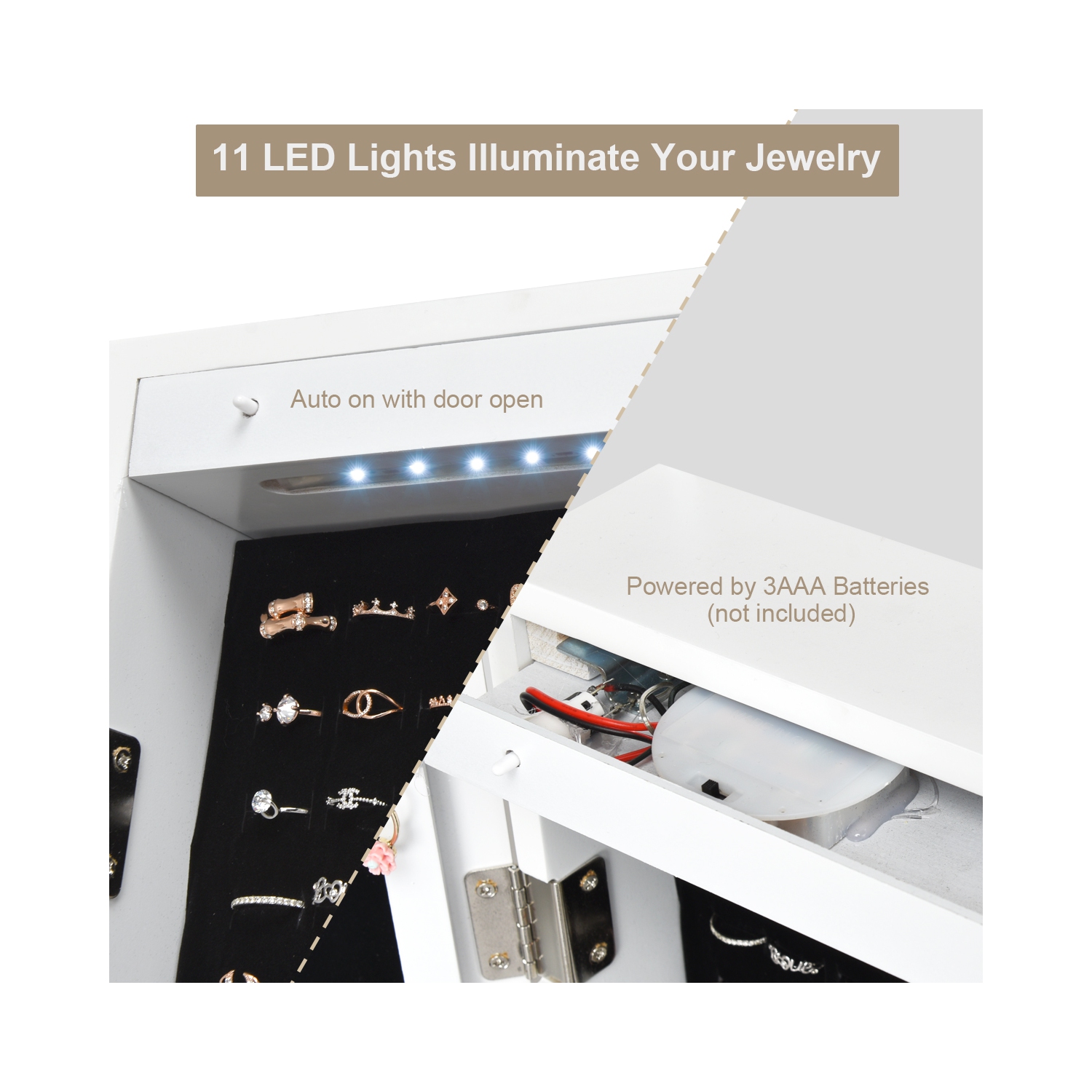 Costway Wall & Door Mounted Mirrored Jewelry Cabinet Armoire Organizer Storage LED Light