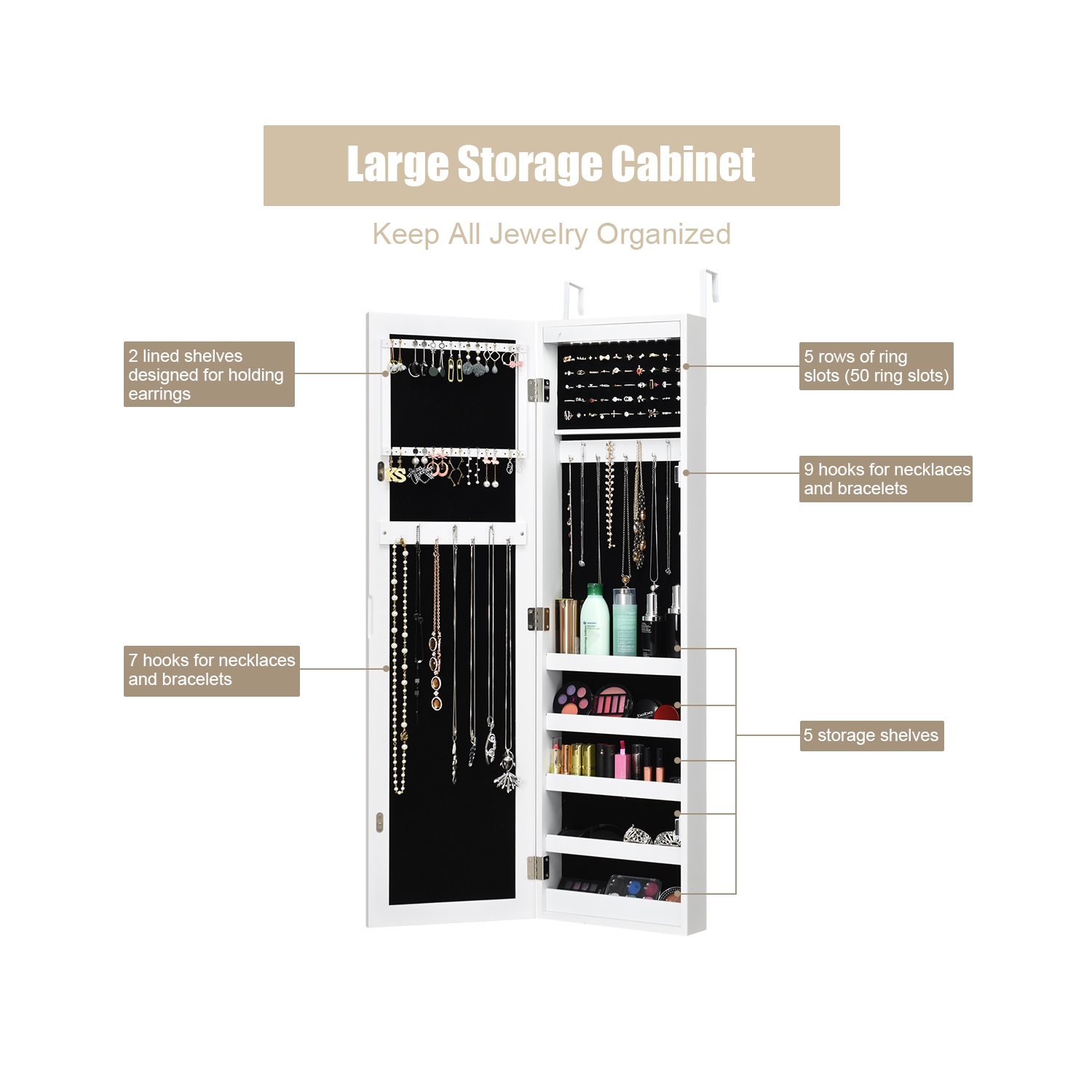 Costway Wall & Door Mounted Mirrored Jewelry Cabinet Armoire Organizer Storage LED Light
