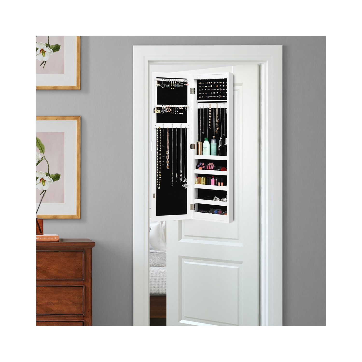 Costway Wall & Door Mounted Mirrored Jewelry Cabinet Armoire Organizer Storage LED Light