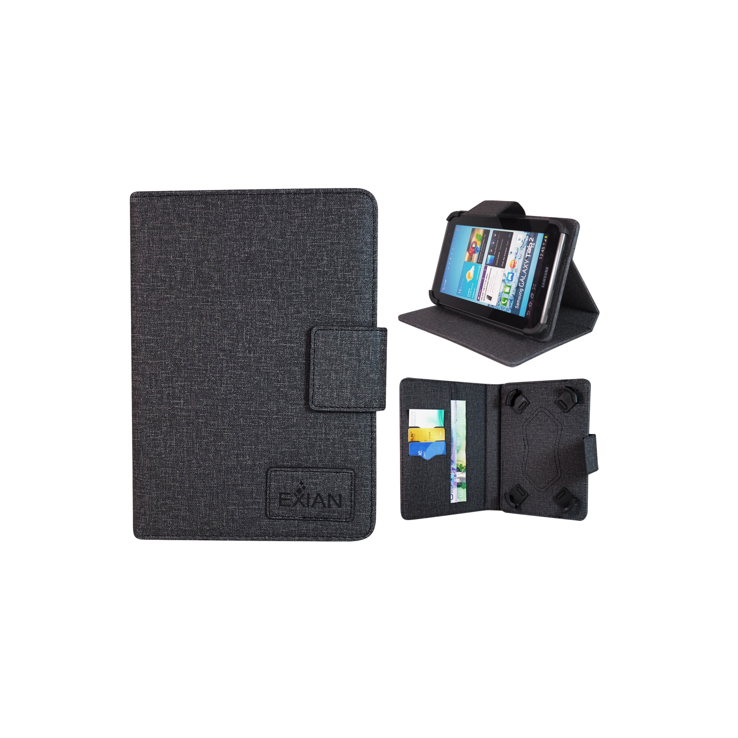 Exian Universal 7" Tablet Flip Case with Card Slots & Stand Up Black