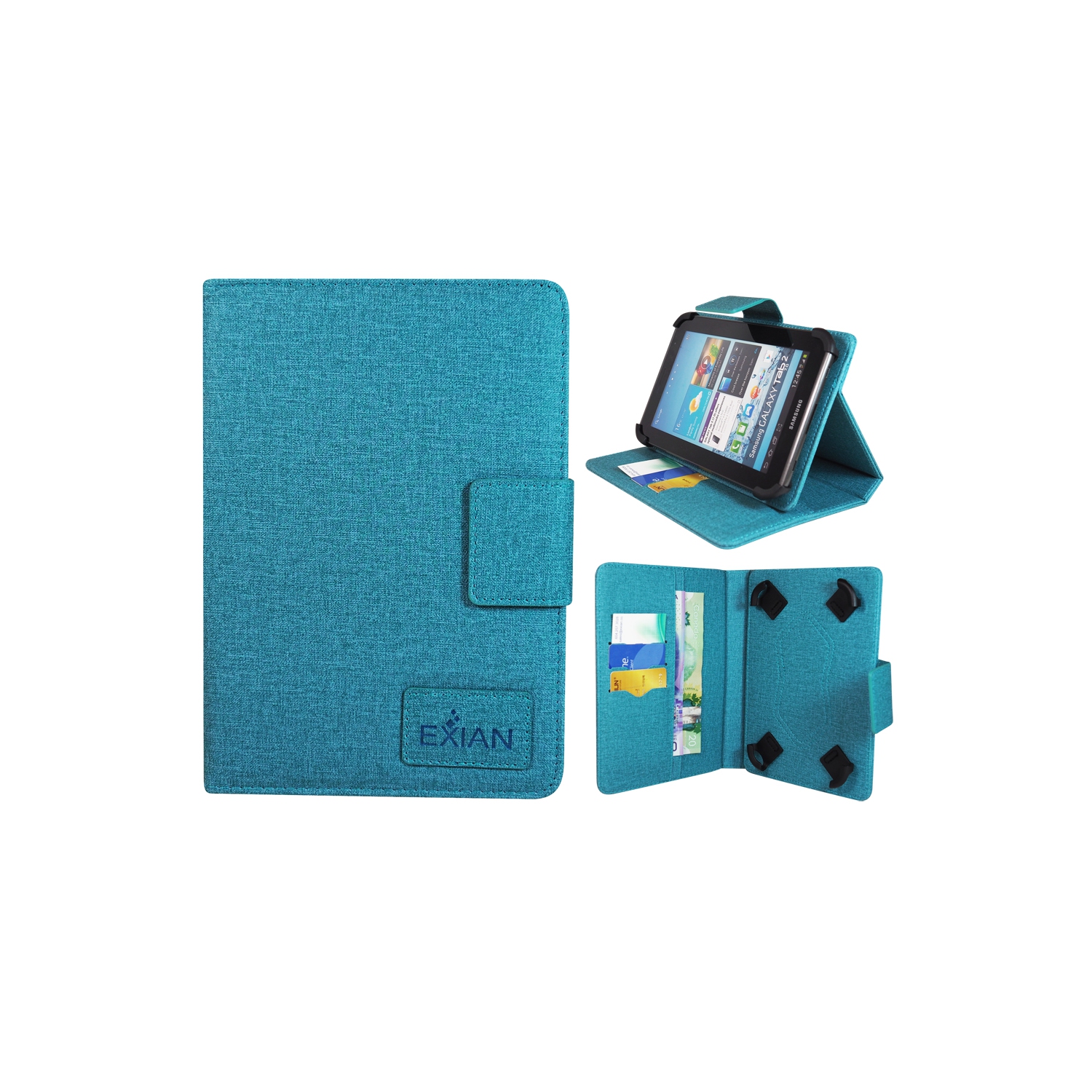 Étui à rabat universel d’Exian pour tablette de 7 po avec fentes pour cartes et support - Bleu