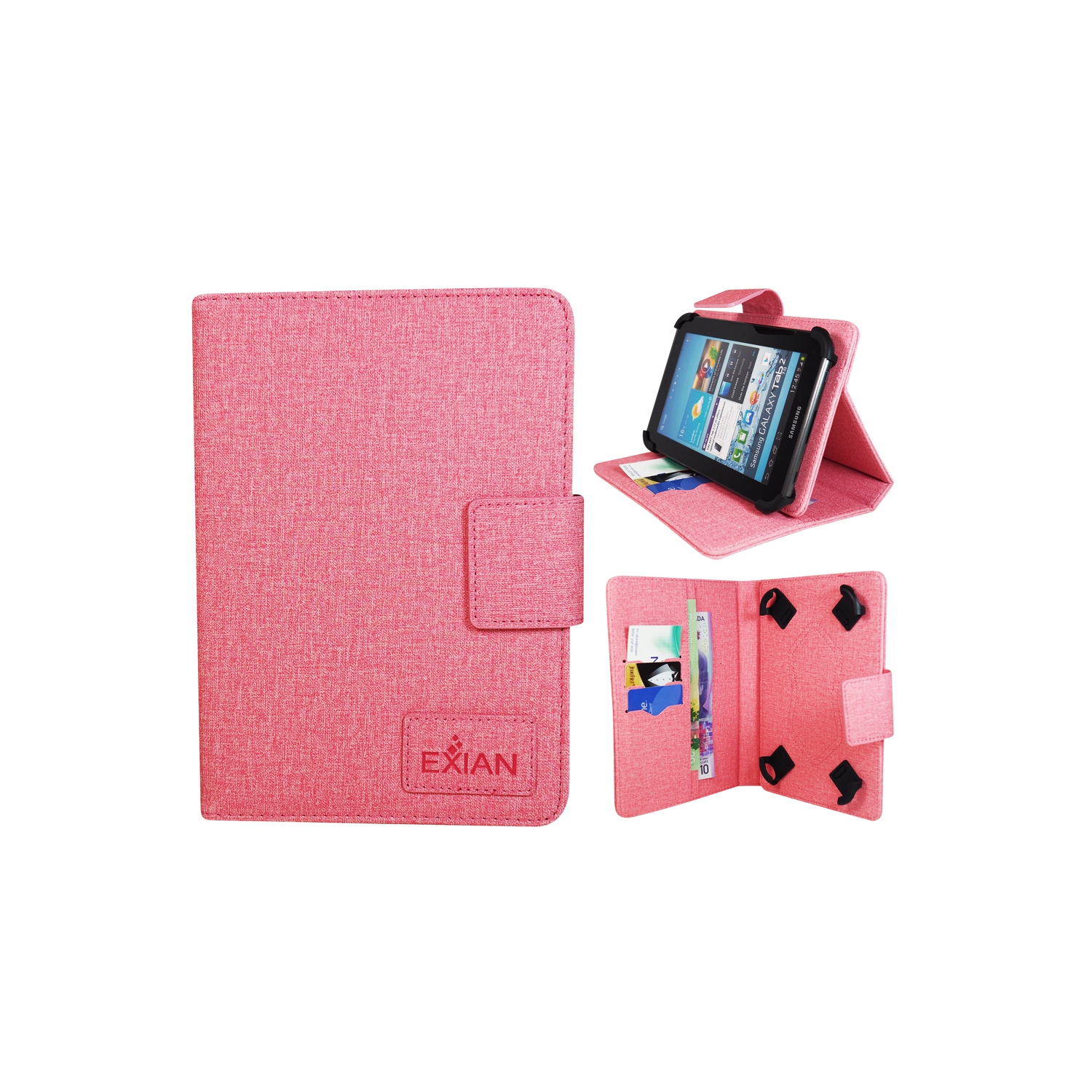 Exian Universal 7" Tablet Flip Case with Card Slots & Stand Up Pink