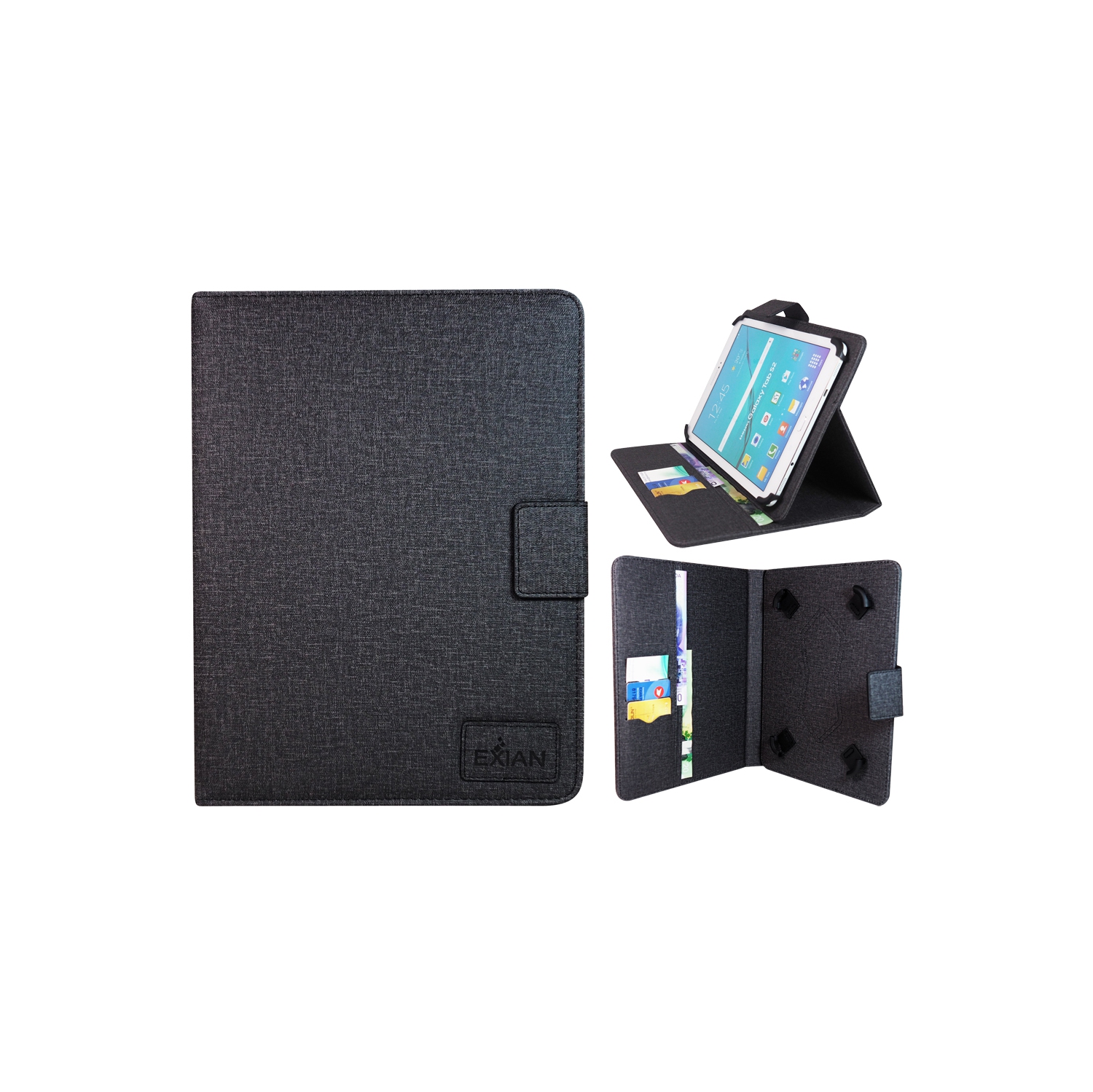 Étui à rabat universel d’Exian pour tablette de 8 po avec fentes pour cartes et support - Noir