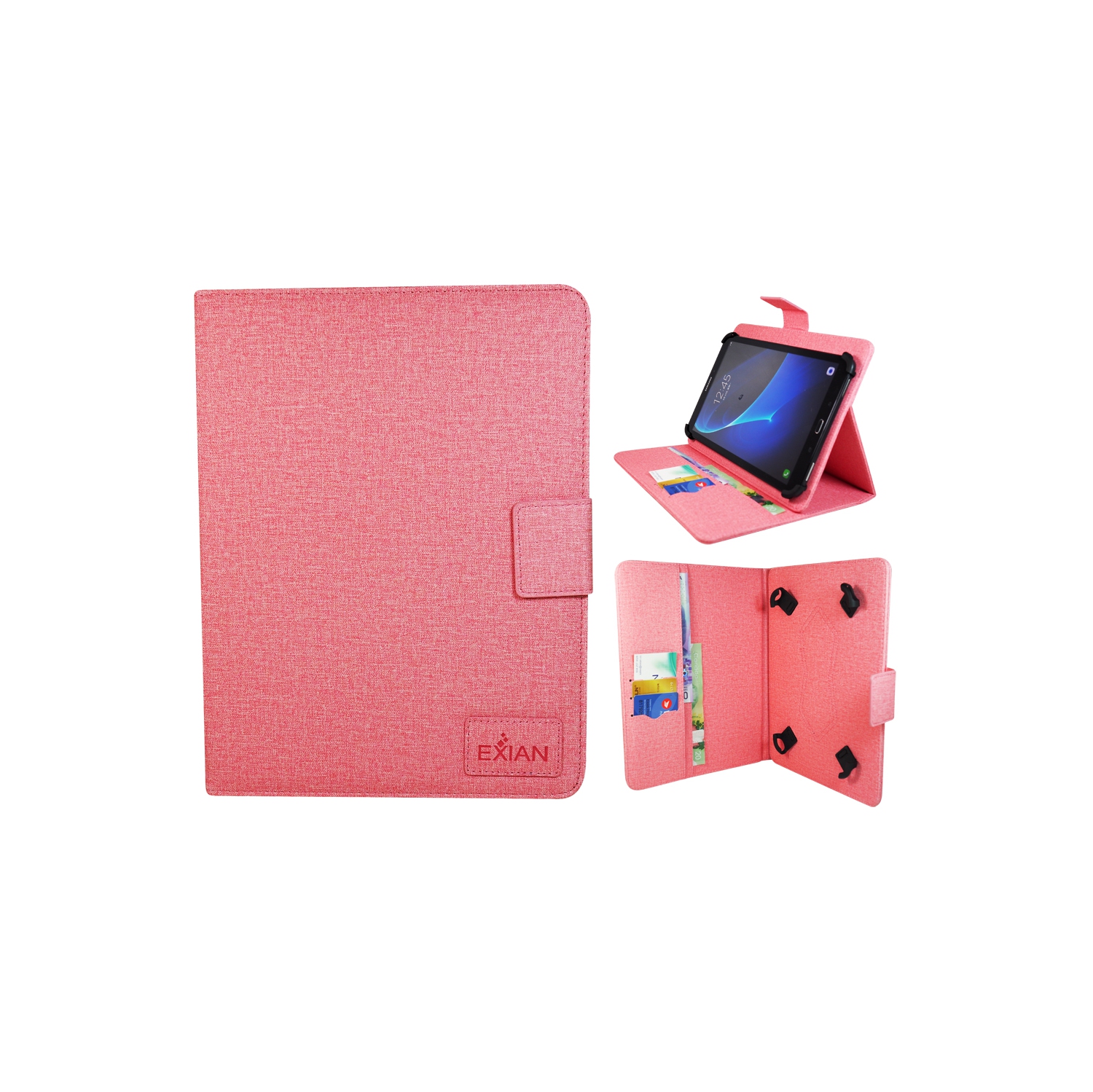 Étui à rabat universel d’Exian pour tablette de 8 po avec fentes pour cartes et support rose