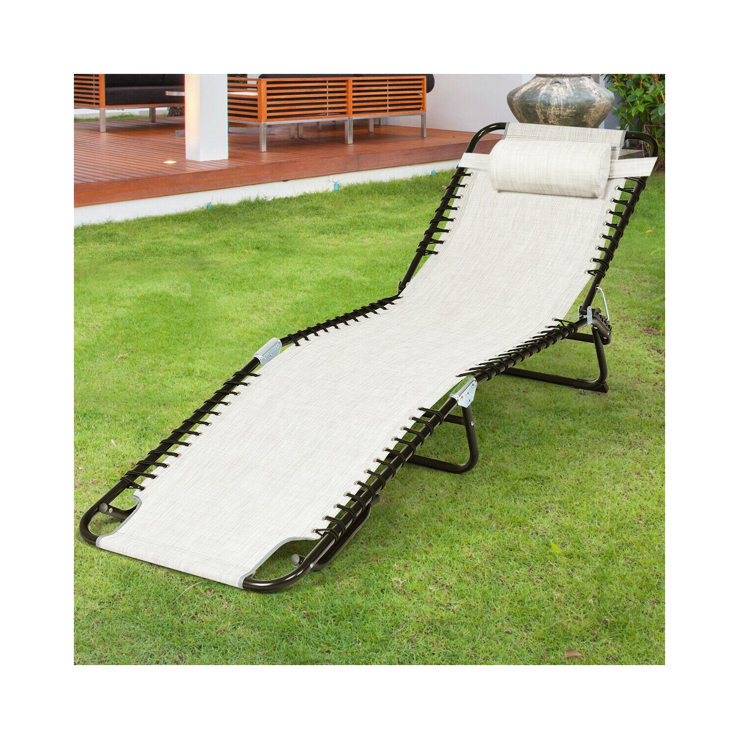 Gymax Foldable Lounge Chaise Adjustable Patio Camping Cot w/ Pillow Beach Pool Gray