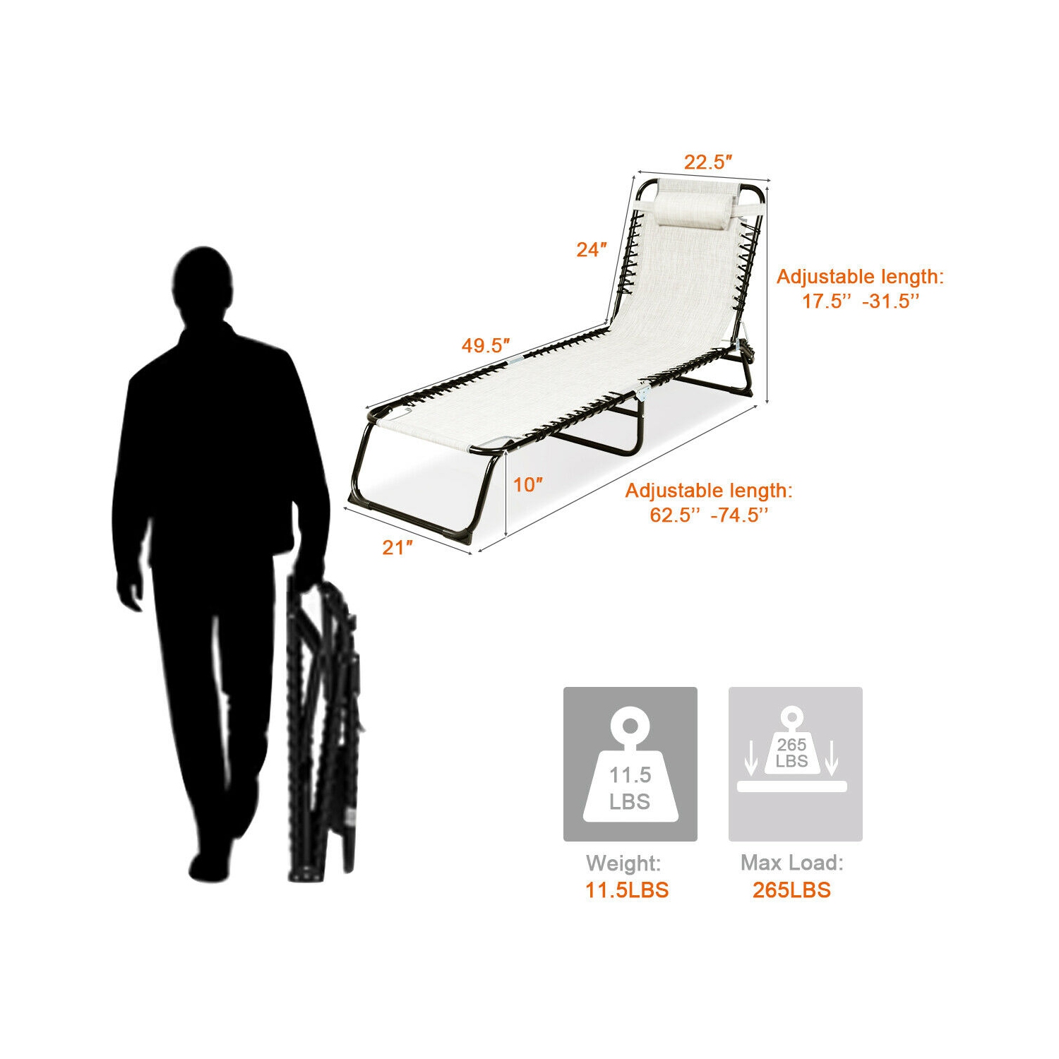 Gymax Foldable Lounge Chaise Adjustable Patio Camping Cot w/ Pillow Beach Pool Gray