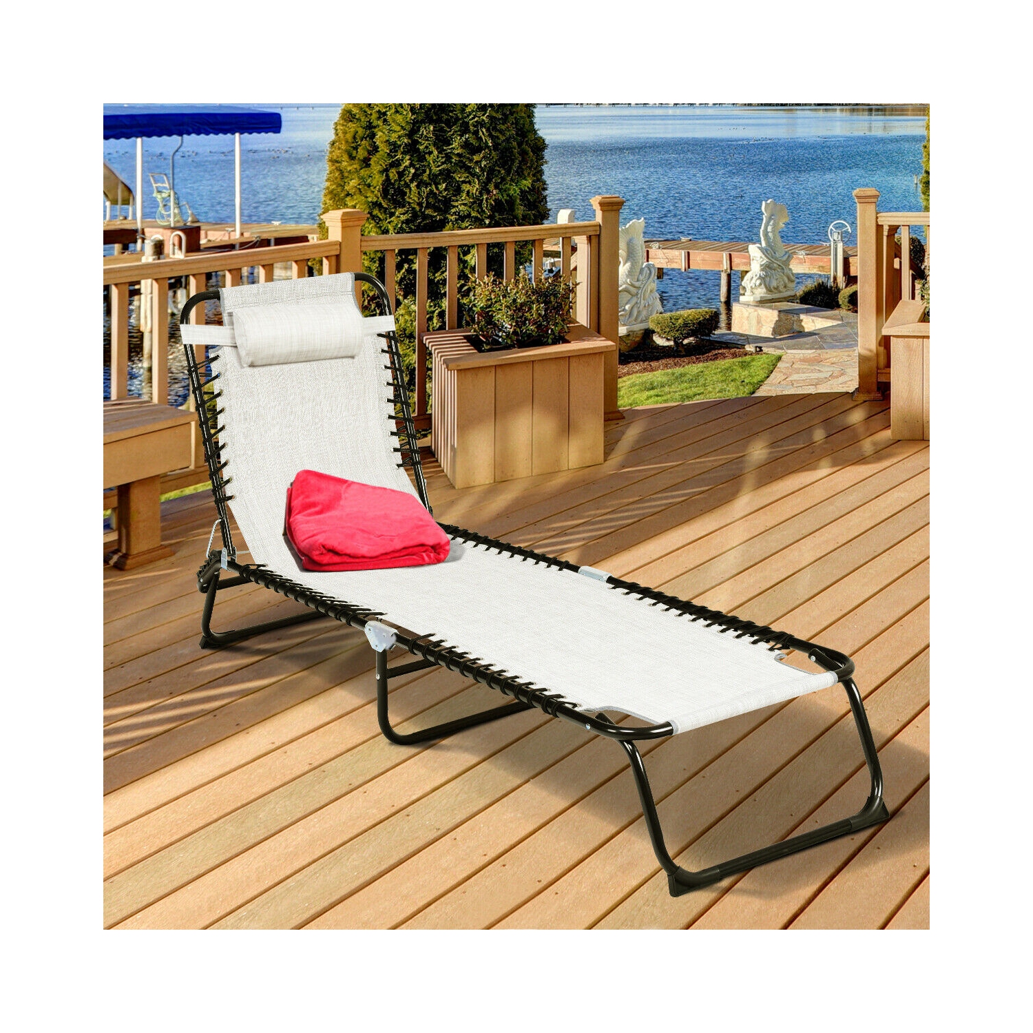 Gymax Foldable Lounge Chaise Adjustable Patio Camping Cot w/ Pillow Beach Pool Gray