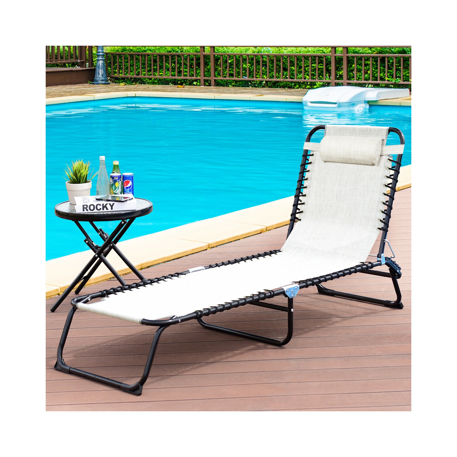 Gymax Foldable Lounge Chaise Adjustable Patio Camping Cot w/ Pillow Beach Pool Gray