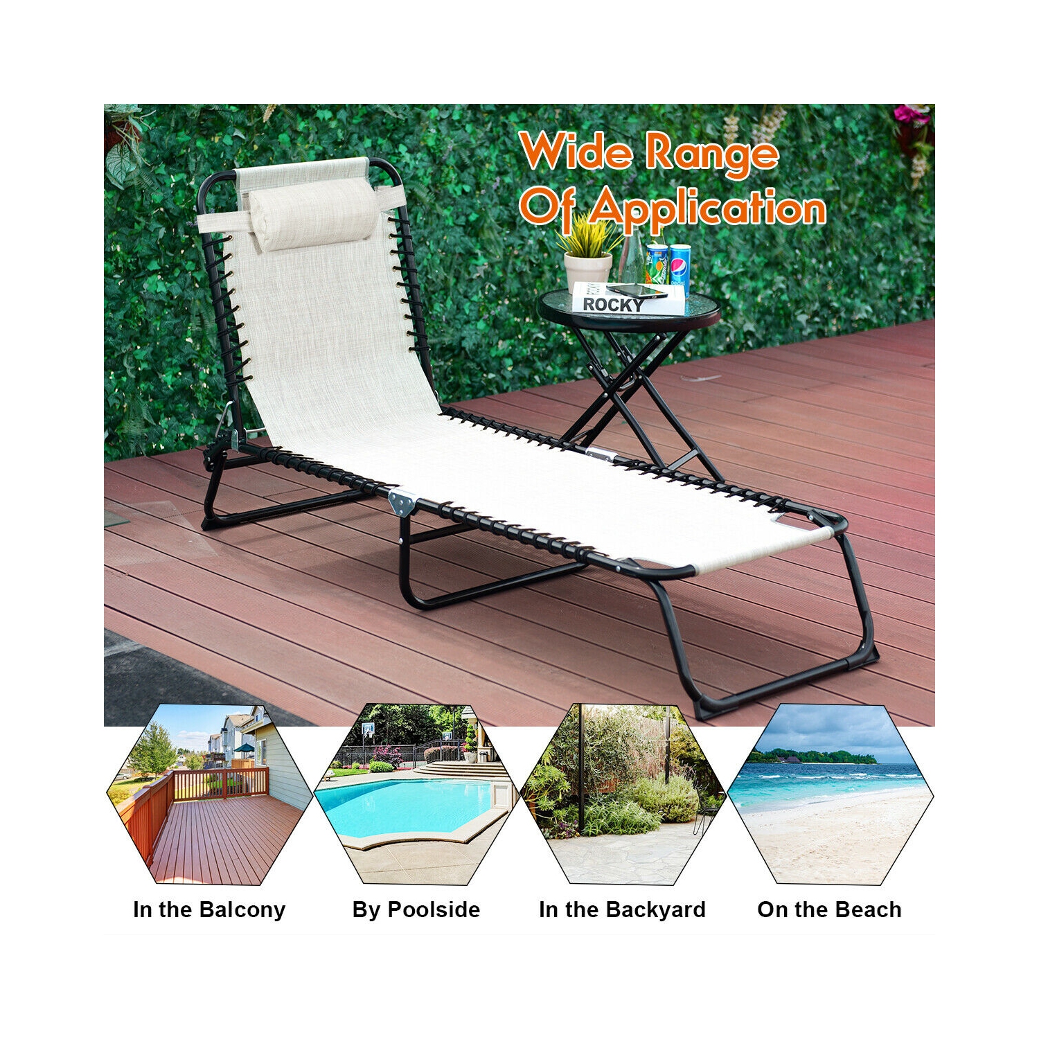 Gymax Foldable Lounge Chaise Adjustable Patio Camping Cot w/ Pillow Beach Pool Gray