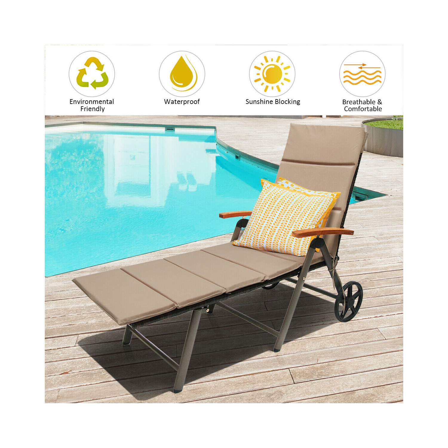 Gymax Folding Patio Rattan Lounge Chair Chaise Cushioned Aluminum Adjust Wheel