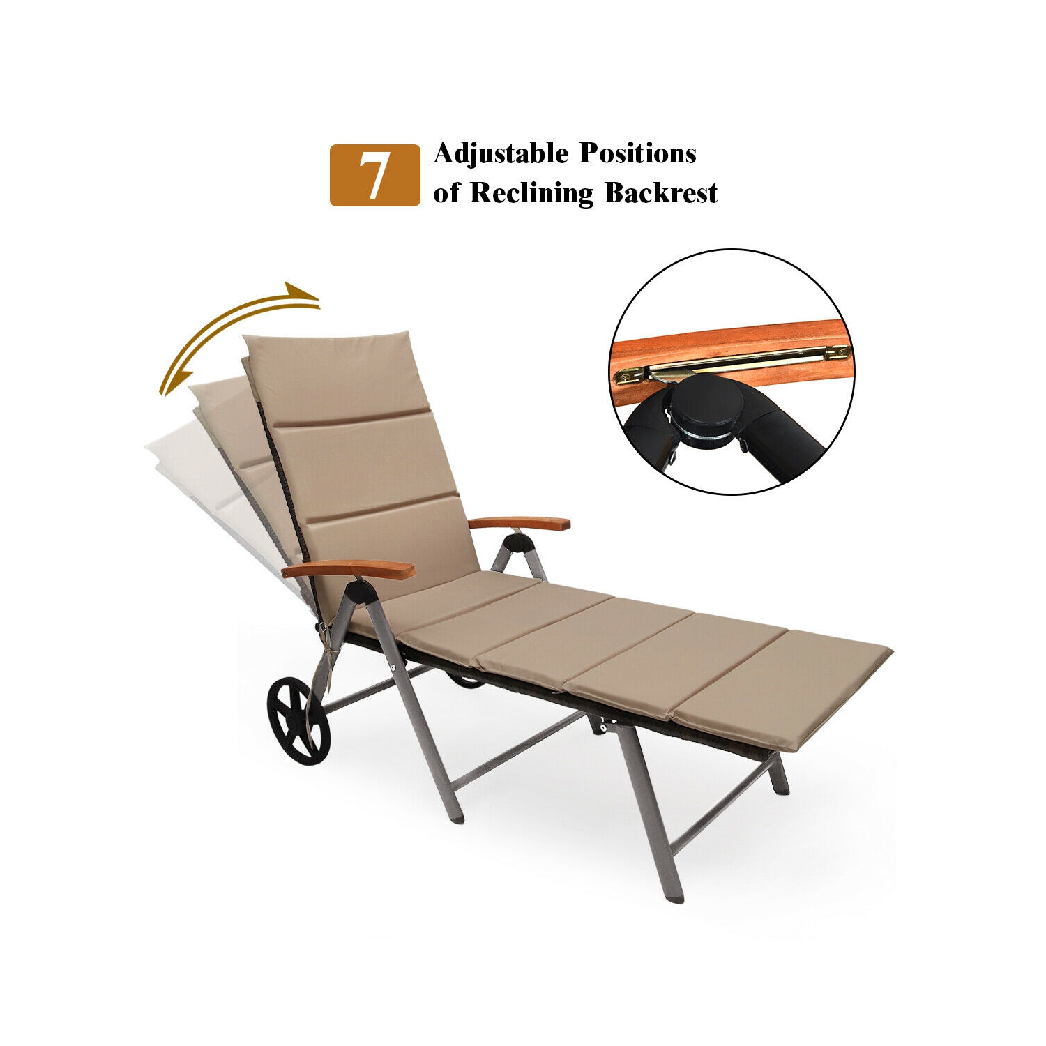 Gymax Folding Patio Rattan Lounge Chair Chaise Cushioned Aluminum Adjust Wheel