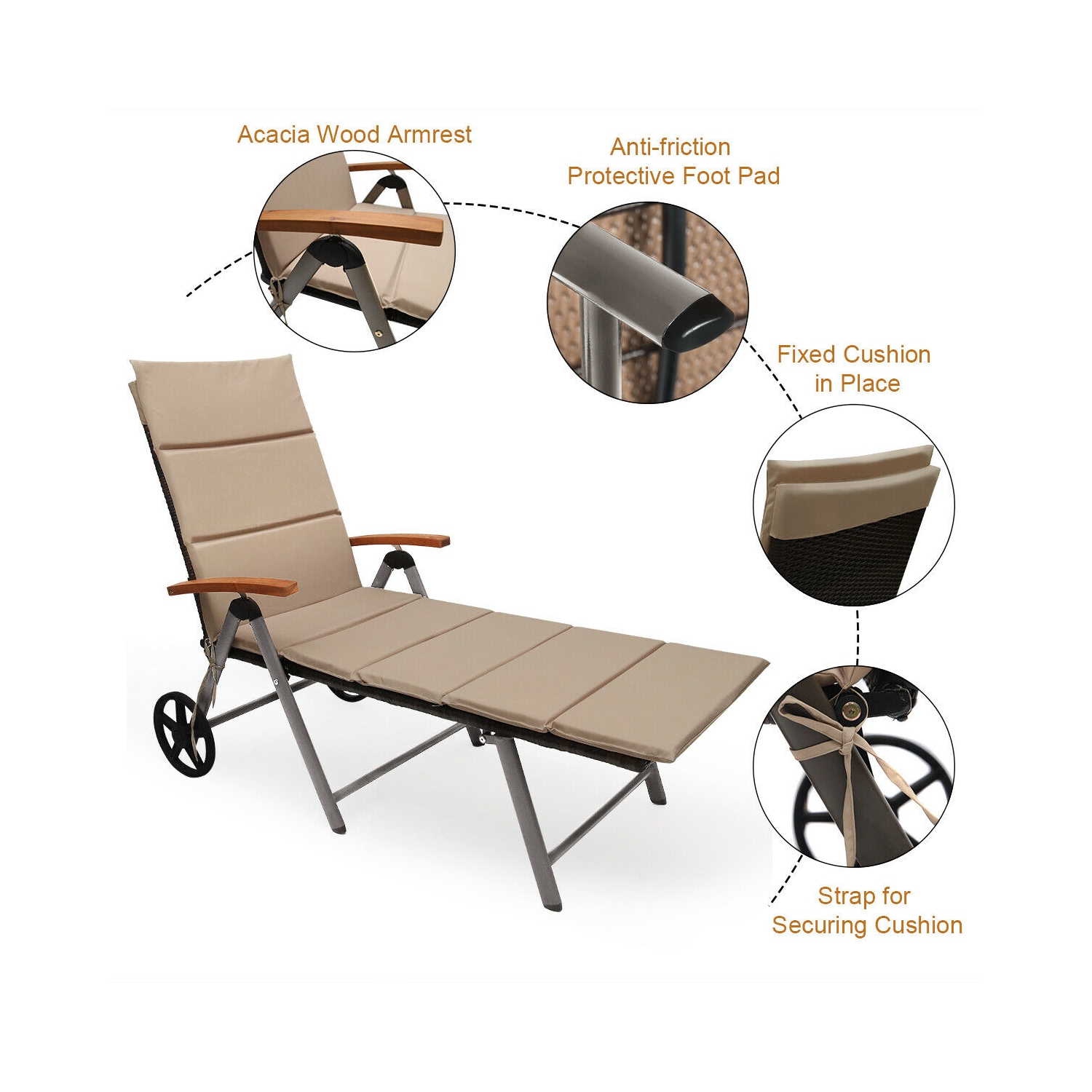 Gymax Folding Patio Rattan Lounge Chair Chaise Cushioned Aluminum Adjust Wheel