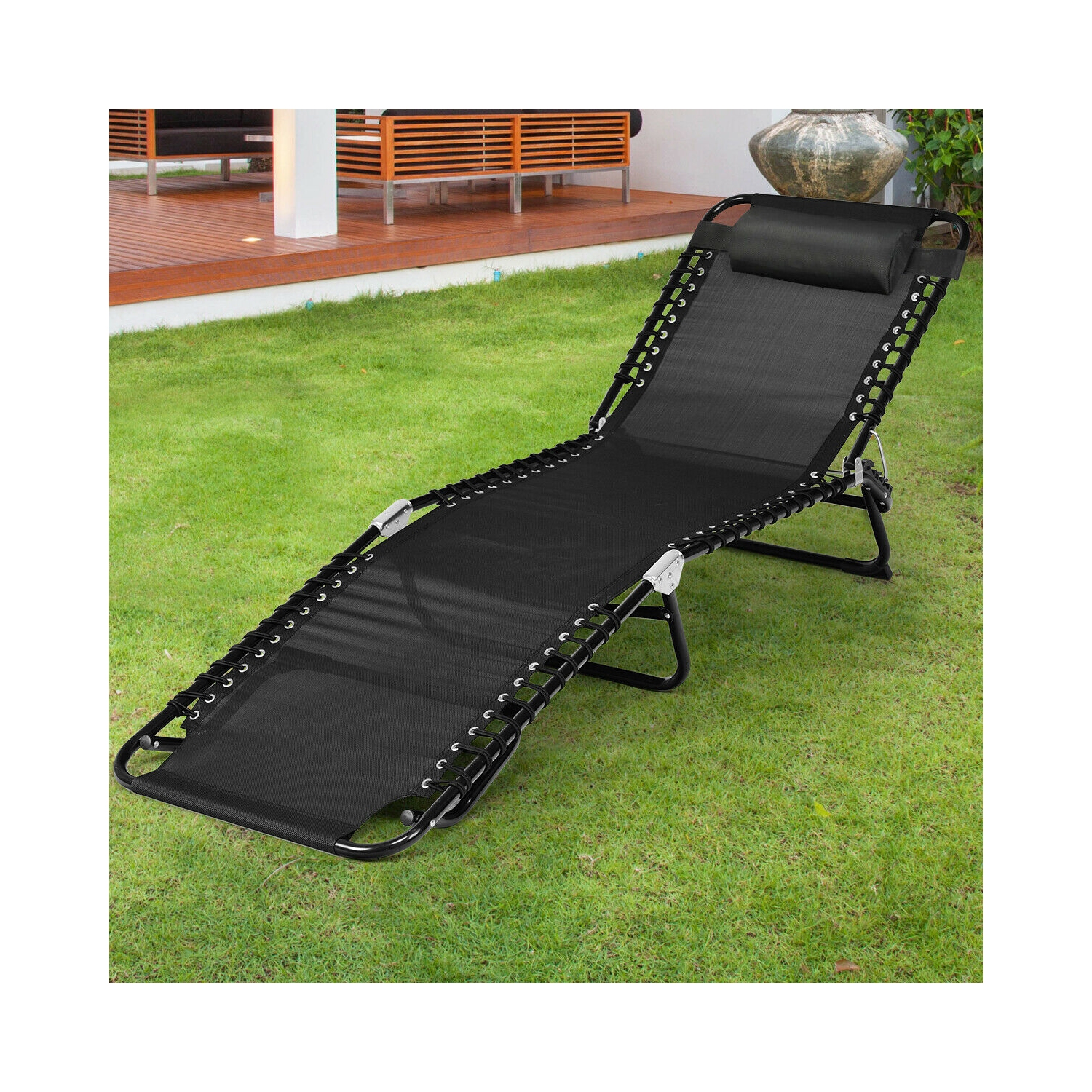 Gymax Foldable Lounge Chaise Adjustable Patio Camping Cot w/ Pillow Beach Pool Black