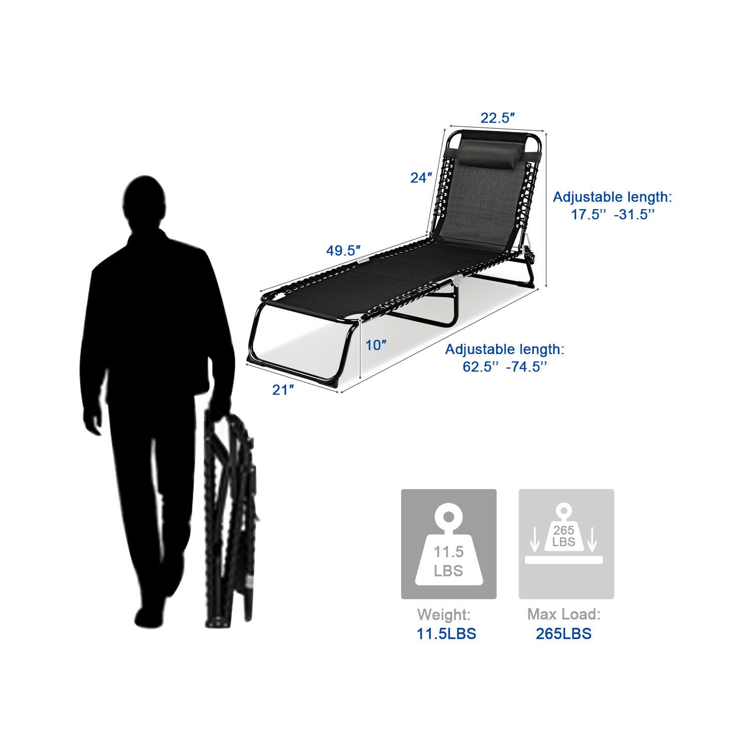 Gymax Foldable Lounge Chaise Adjustable Patio Camping Cot w/ Pillow Beach Pool Black