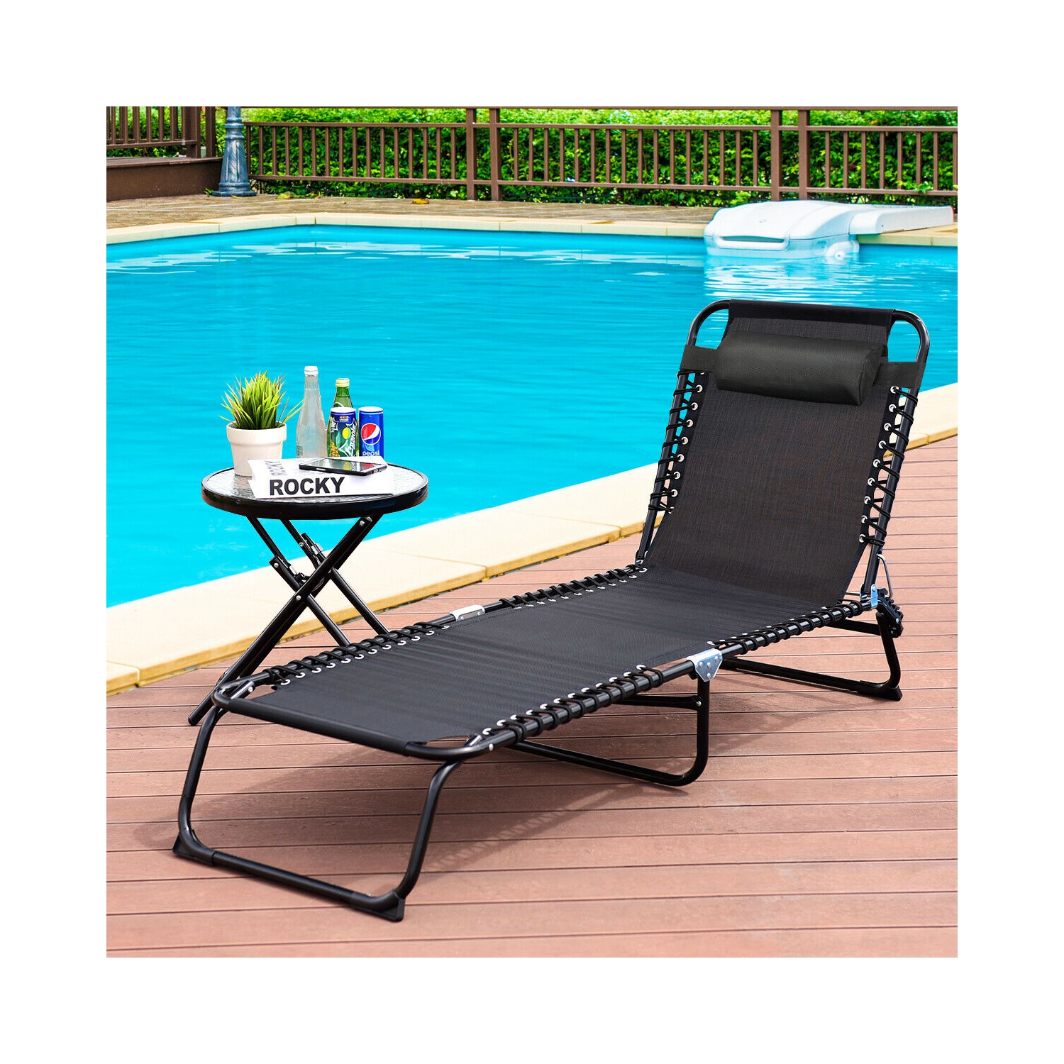 Gymax Foldable Lounge Chaise Adjustable Patio Camping Cot w/ Pillow Beach Pool Black