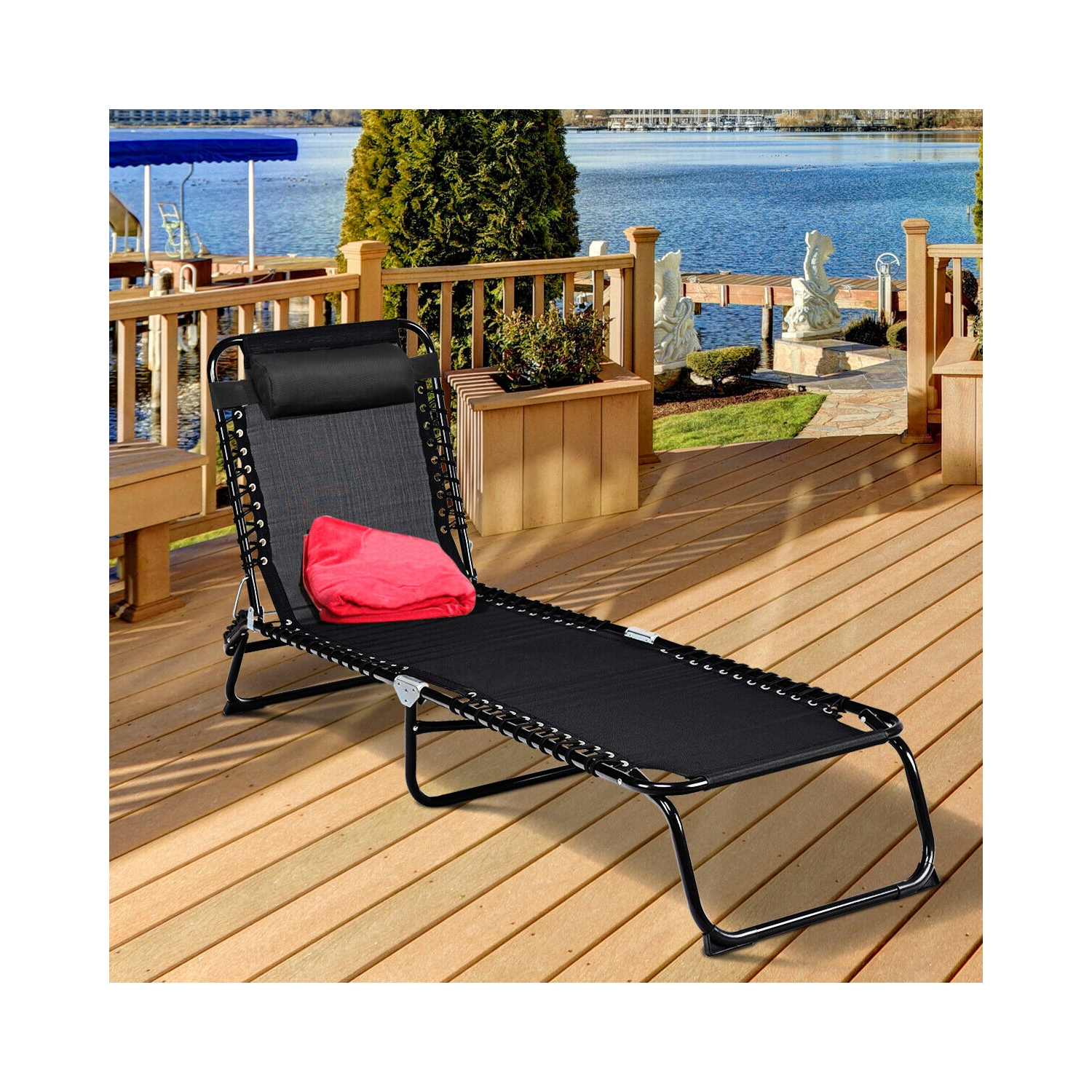 Gymax Foldable Lounge Chaise Adjustable Patio Camping Cot w/ Pillow Beach Pool Black
