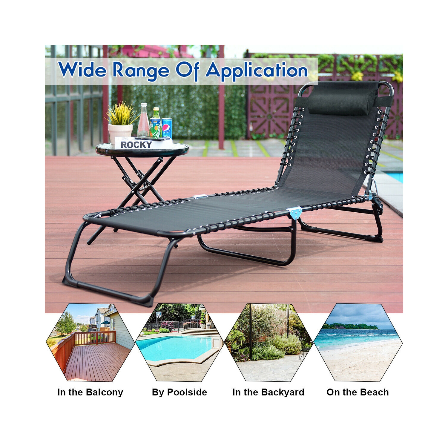 Gymax Foldable Lounge Chaise Adjustable Patio Camping Cot w/ Pillow Beach Pool Black