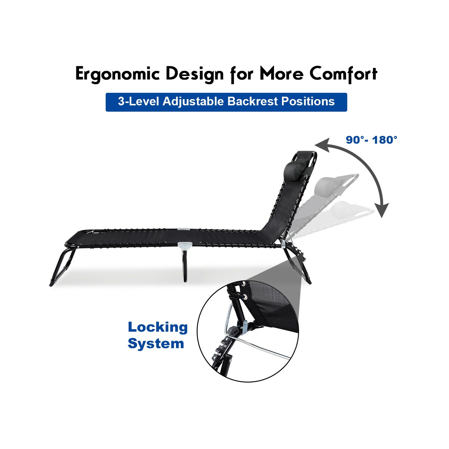 Gymax Foldable Lounge Chaise Adjustable Patio Camping Cot w/ Pillow Beach Pool Black