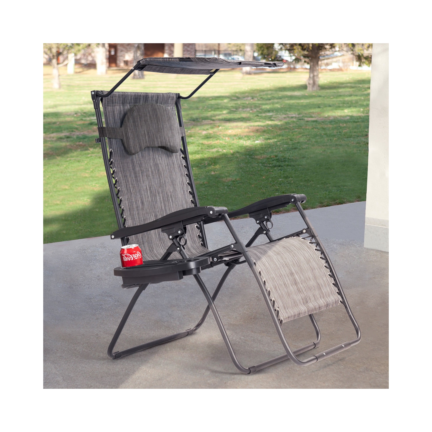 Gymax Folding Recliner Lounge Chair W/ Shade Canopy Cup Holder Gray