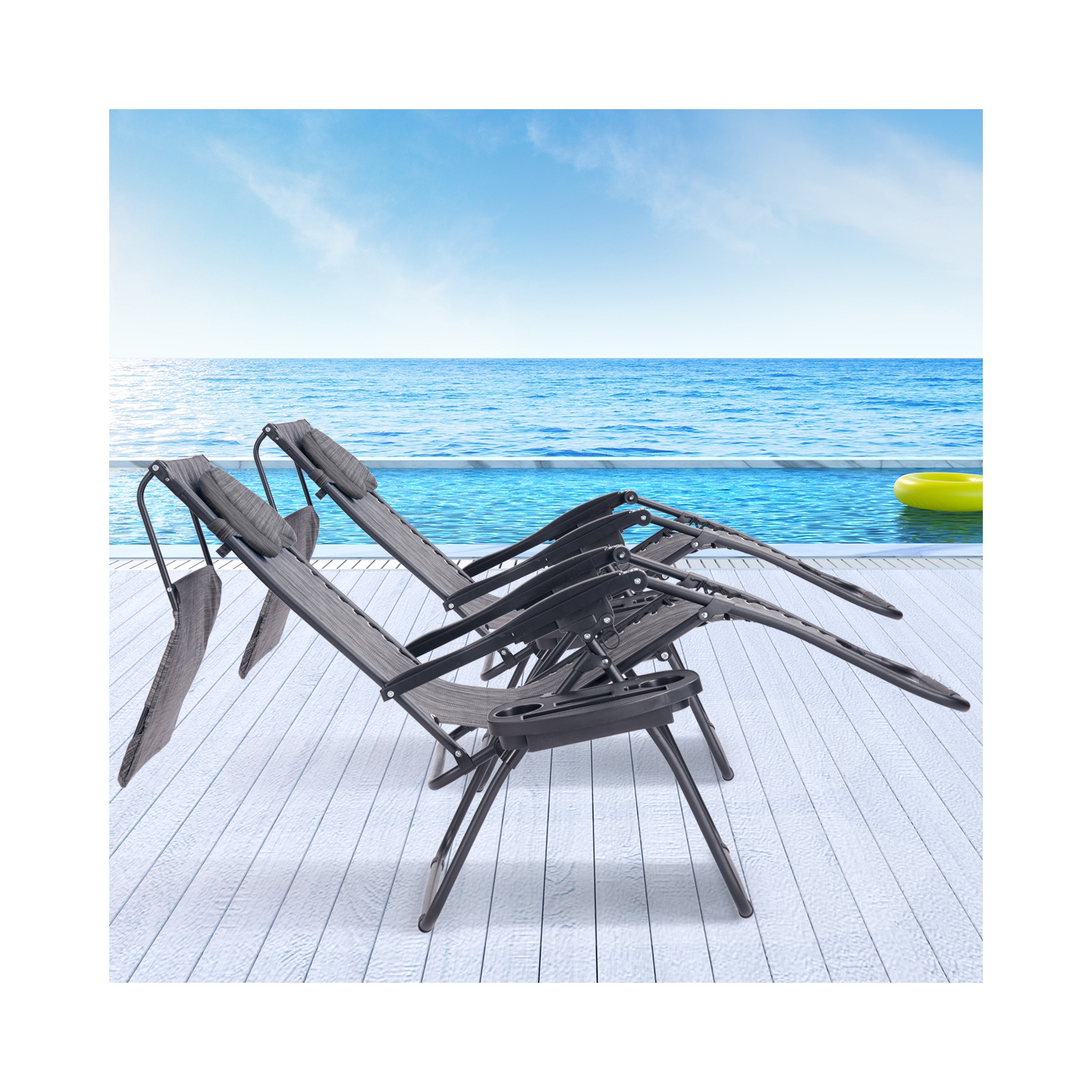 Gymax Folding Recliner Lounge Chair W/ Shade Canopy Cup Holder Gray