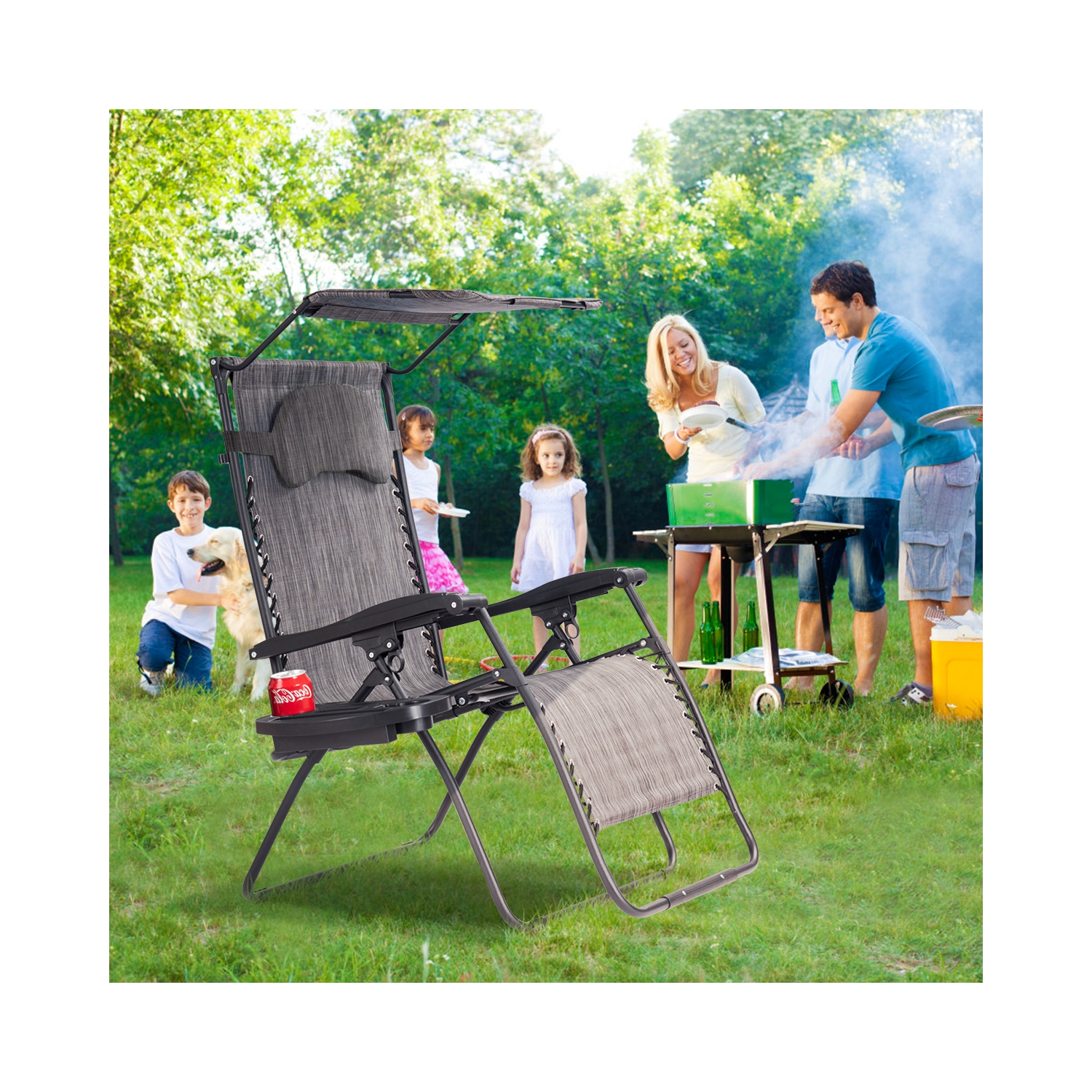 Gymax Folding Recliner Lounge Chair W/ Shade Canopy Cup Holder Gray