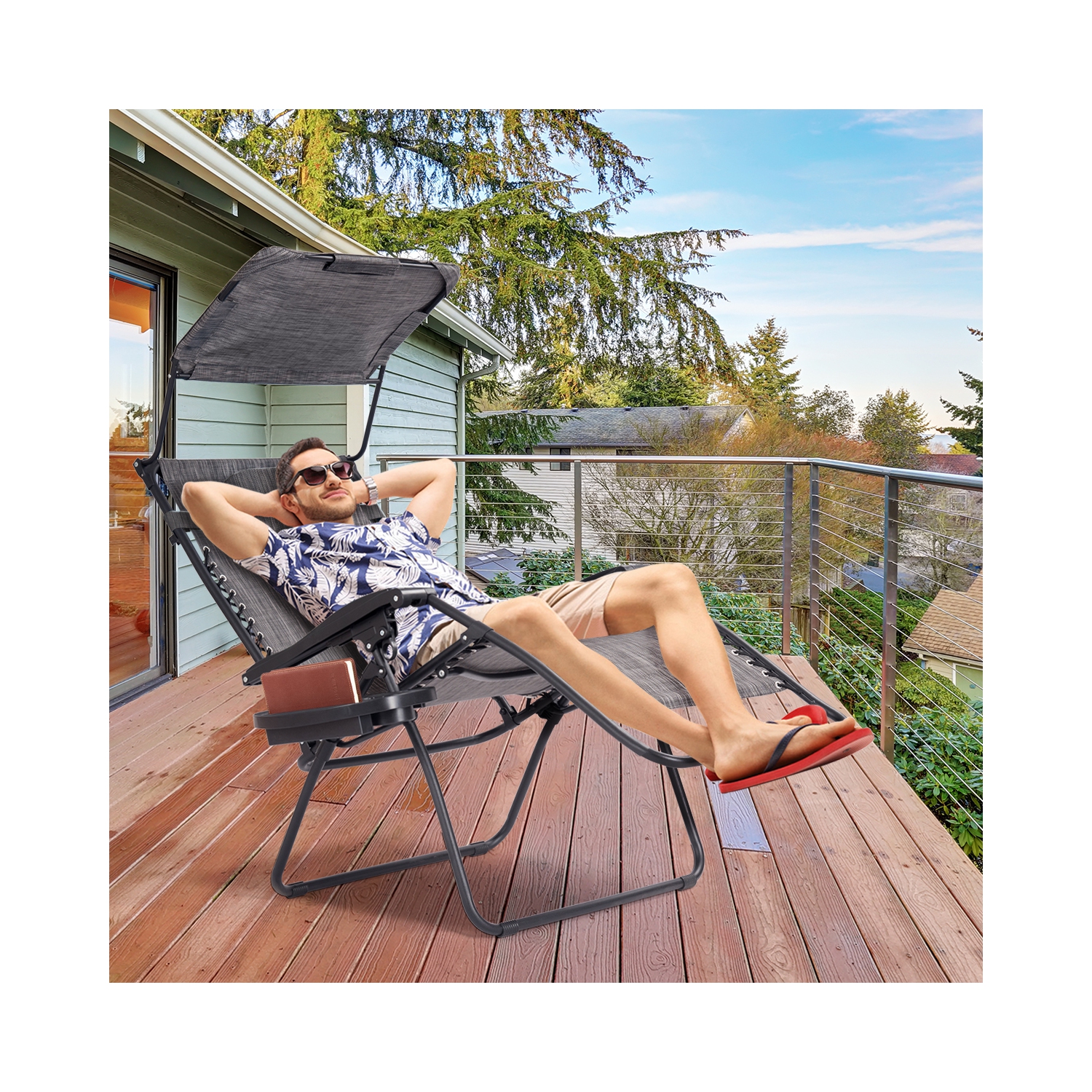 Gymax Folding Recliner Lounge Chair W/ Shade Canopy Cup Holder Gray