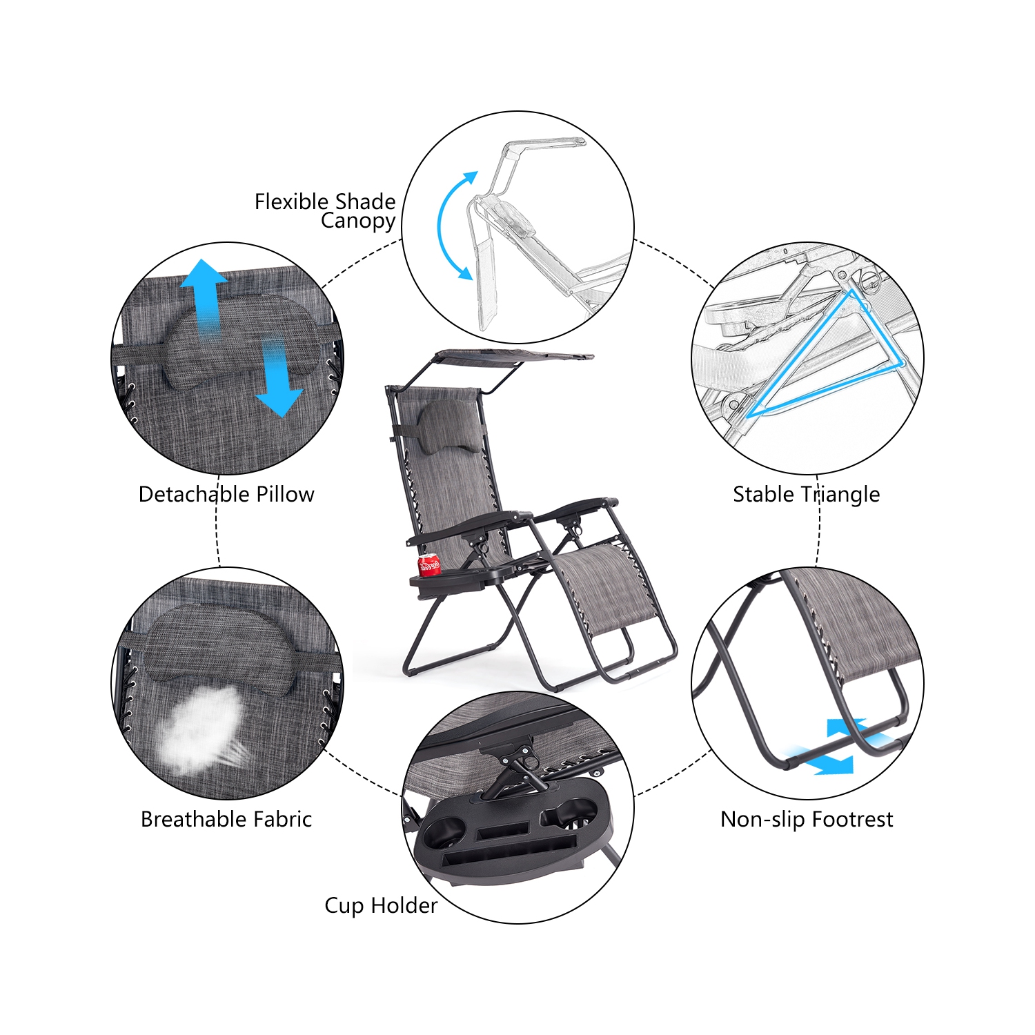 Gymax Folding Recliner Lounge Chair W/ Shade Canopy Cup Holder Gray