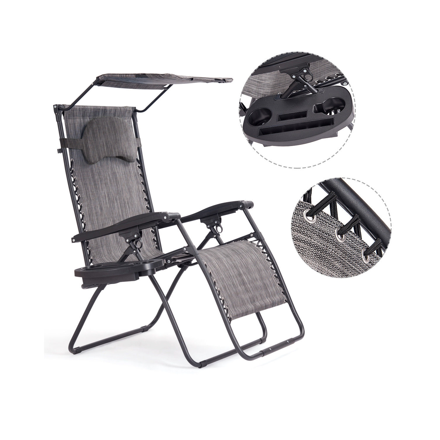 Gymax Folding Recliner Lounge Chair W/ Shade Canopy Cup Holder Gray