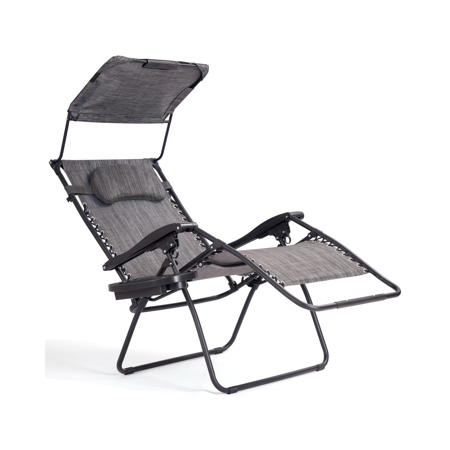 Gymax Folding Recliner Lounge Chair W/ Shade Canopy Cup Holder Gray