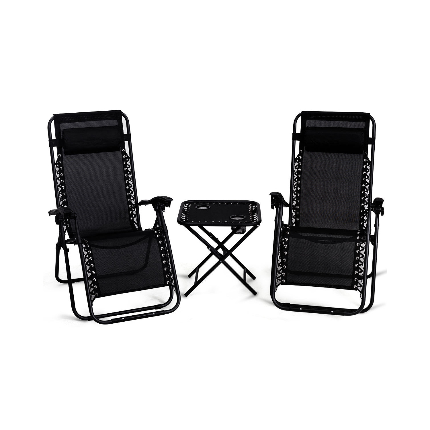 Gymax 3PC Zero Reclining Lounge Chairs Table Pillows Folding Portable Black