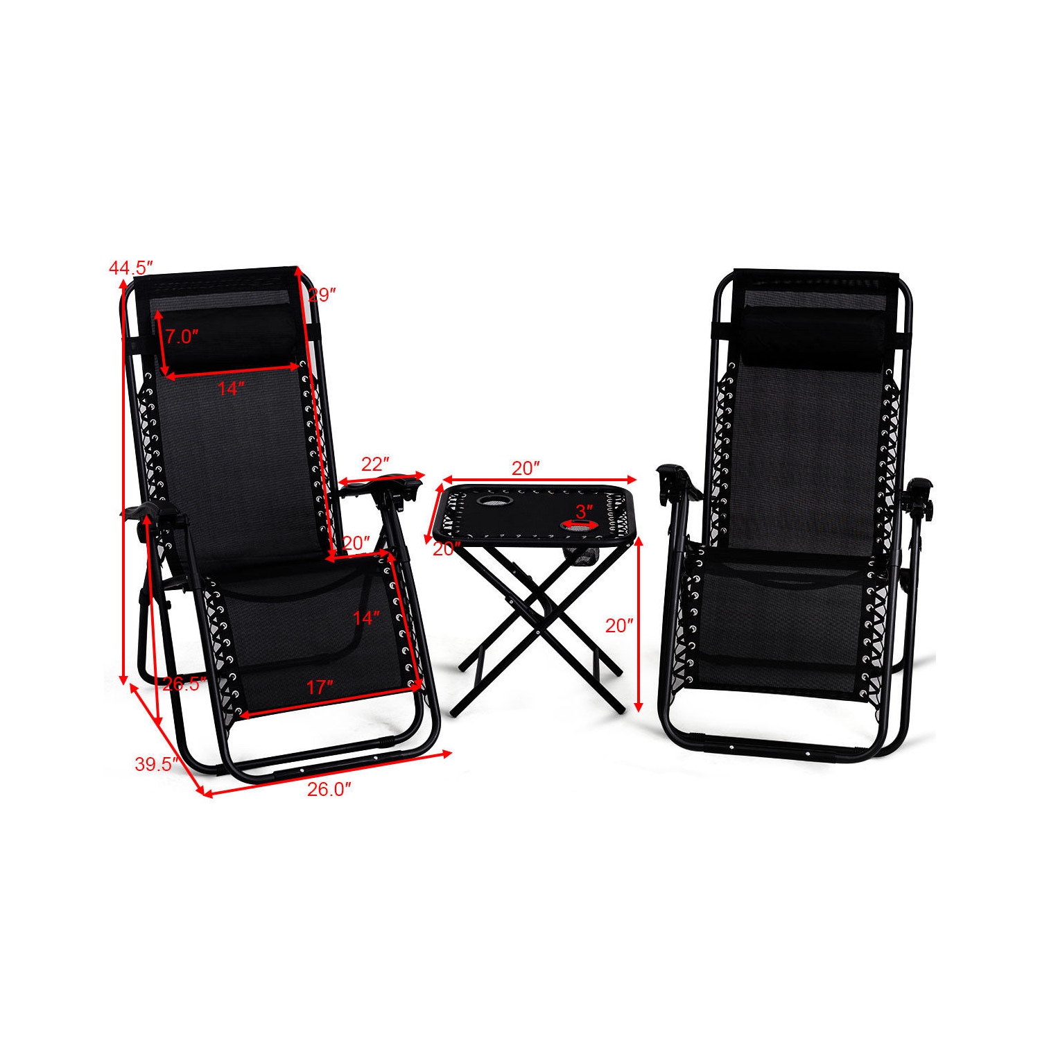 Gymax 3PC Zero Reclining Lounge Chairs Table Pillows Folding Portable Black