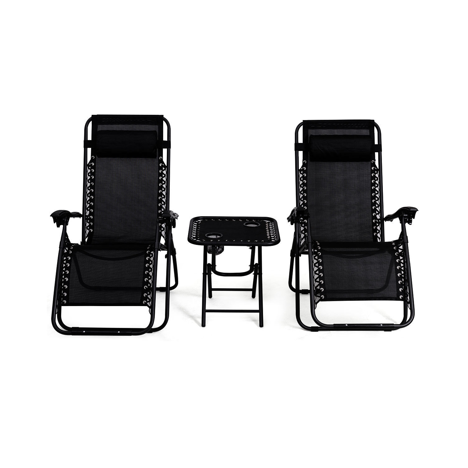 Gymax 3PC Zero Reclining Lounge Chairs Table Pillows Folding Portable Black