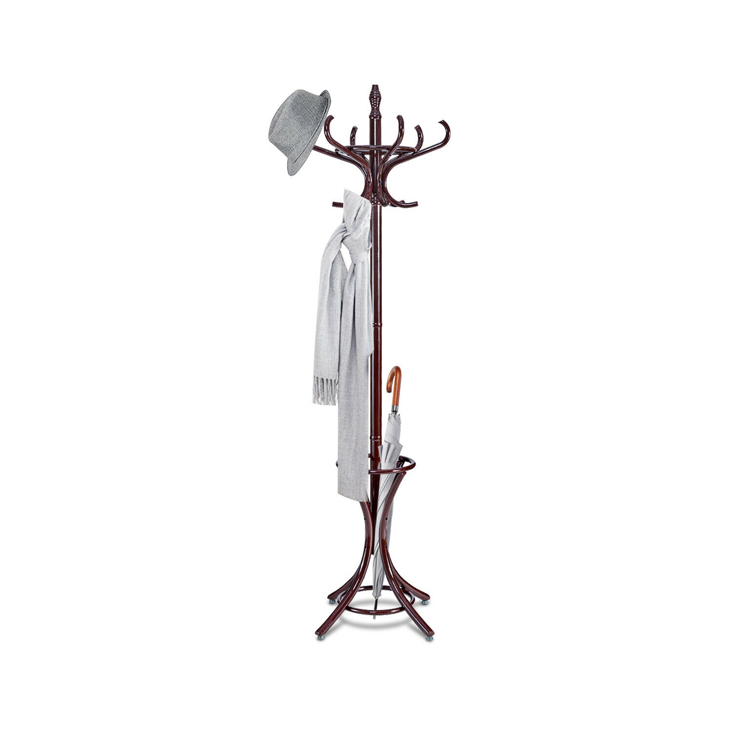 Gymax Wood Standing Hat Coat Rack Jacket Bag Hanger Tree 12 Hooks w/ Umbrella Stand