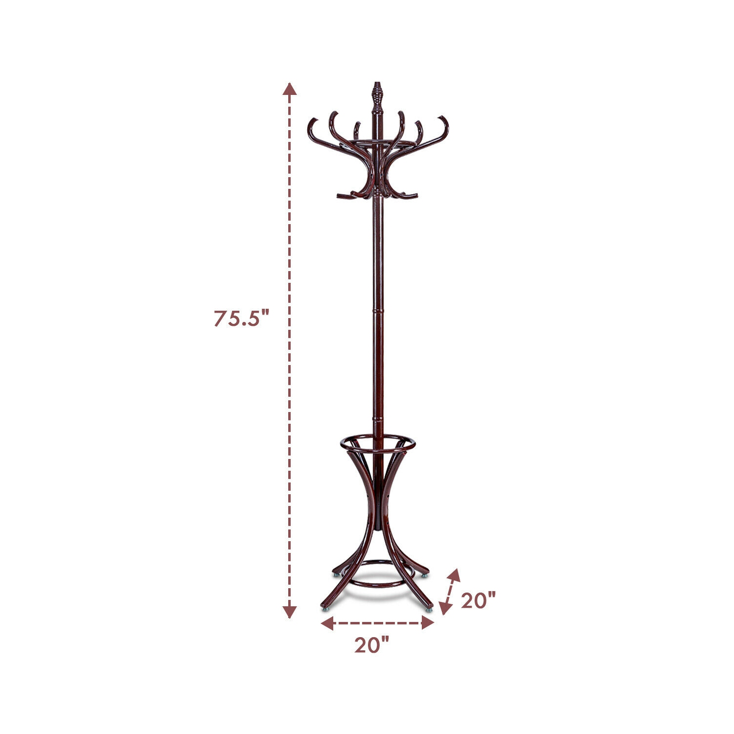 Gymax Wood Standing Hat Coat Rack Jacket Bag Hanger Tree 12 Hooks w/ Umbrella Stand