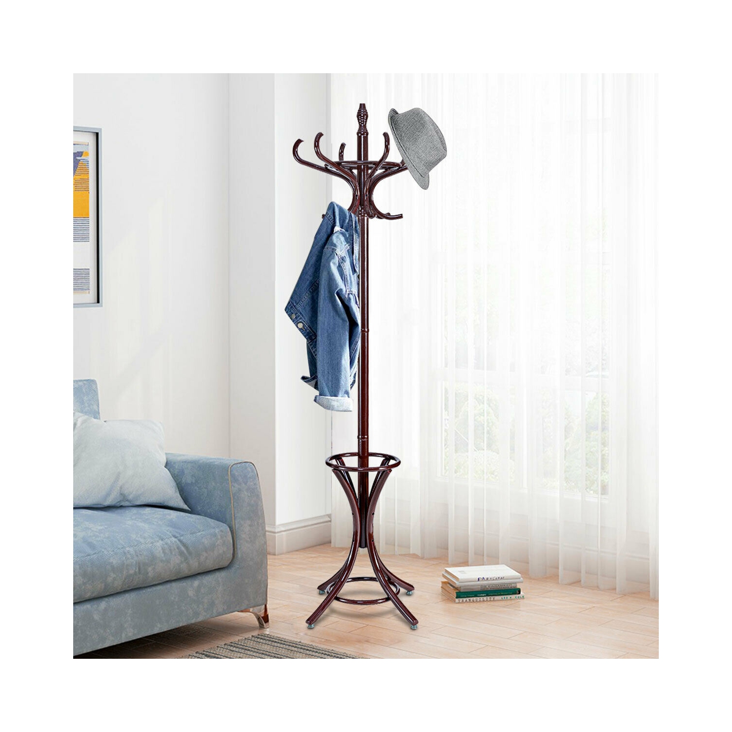 Gymax Wood Standing Hat Coat Rack Jacket Bag Hanger Tree 12 Hooks w/ Umbrella Stand