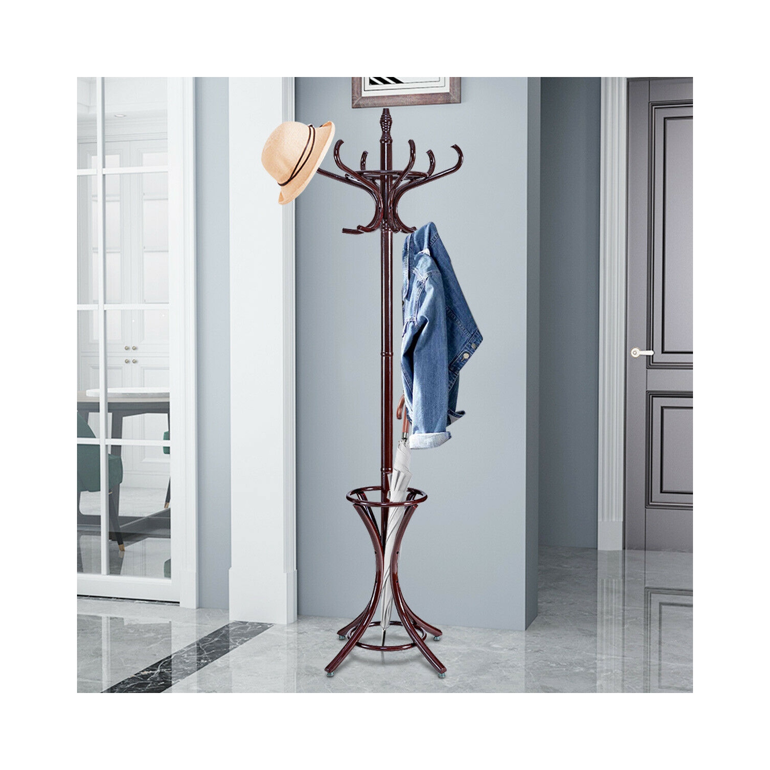 Gymax Wood Standing Hat Coat Rack Jacket Bag Hanger Tree 12 Hooks w/ Umbrella Stand