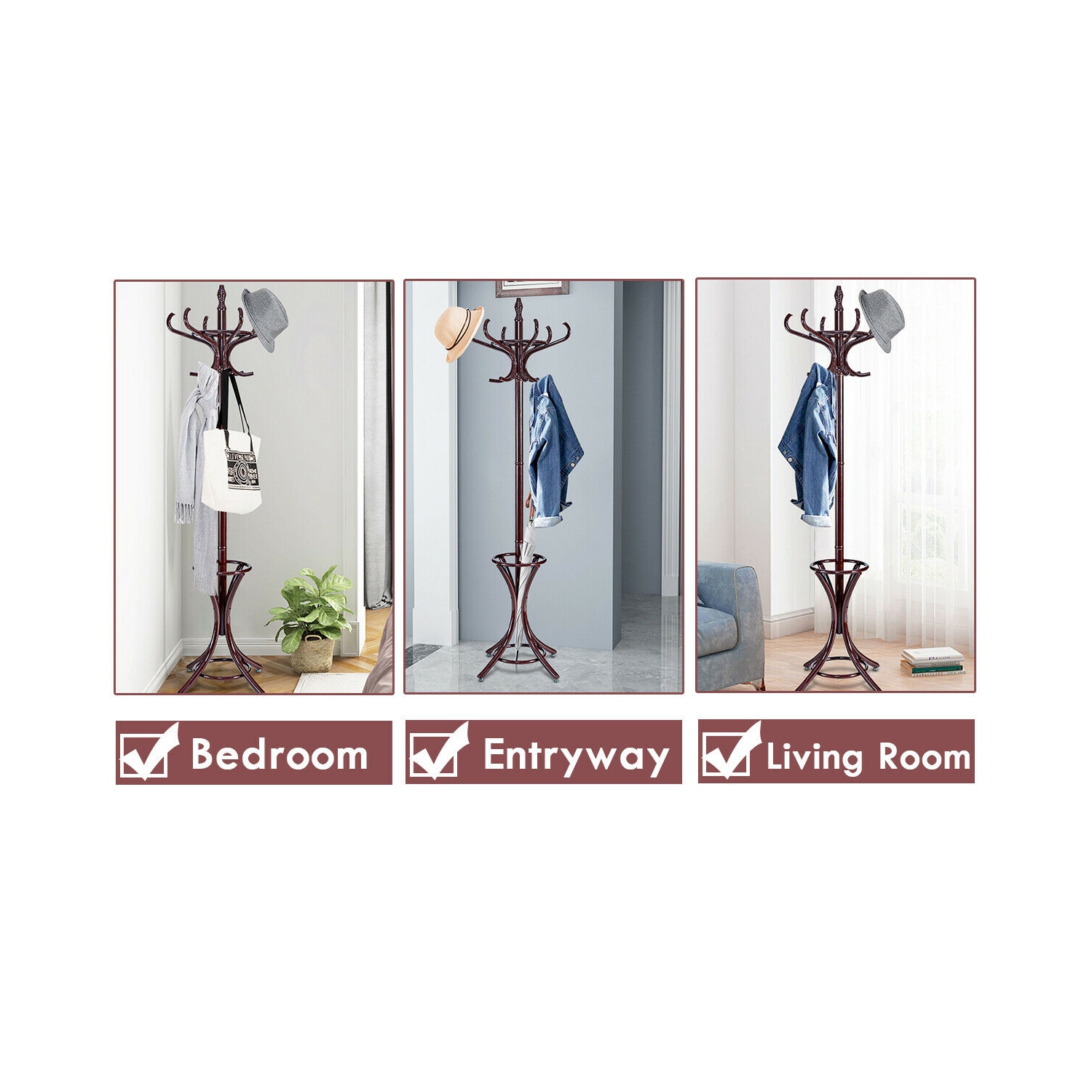 Gymax Wood Standing Hat Coat Rack Jacket Bag Hanger Tree 12 Hooks w/ Umbrella Stand