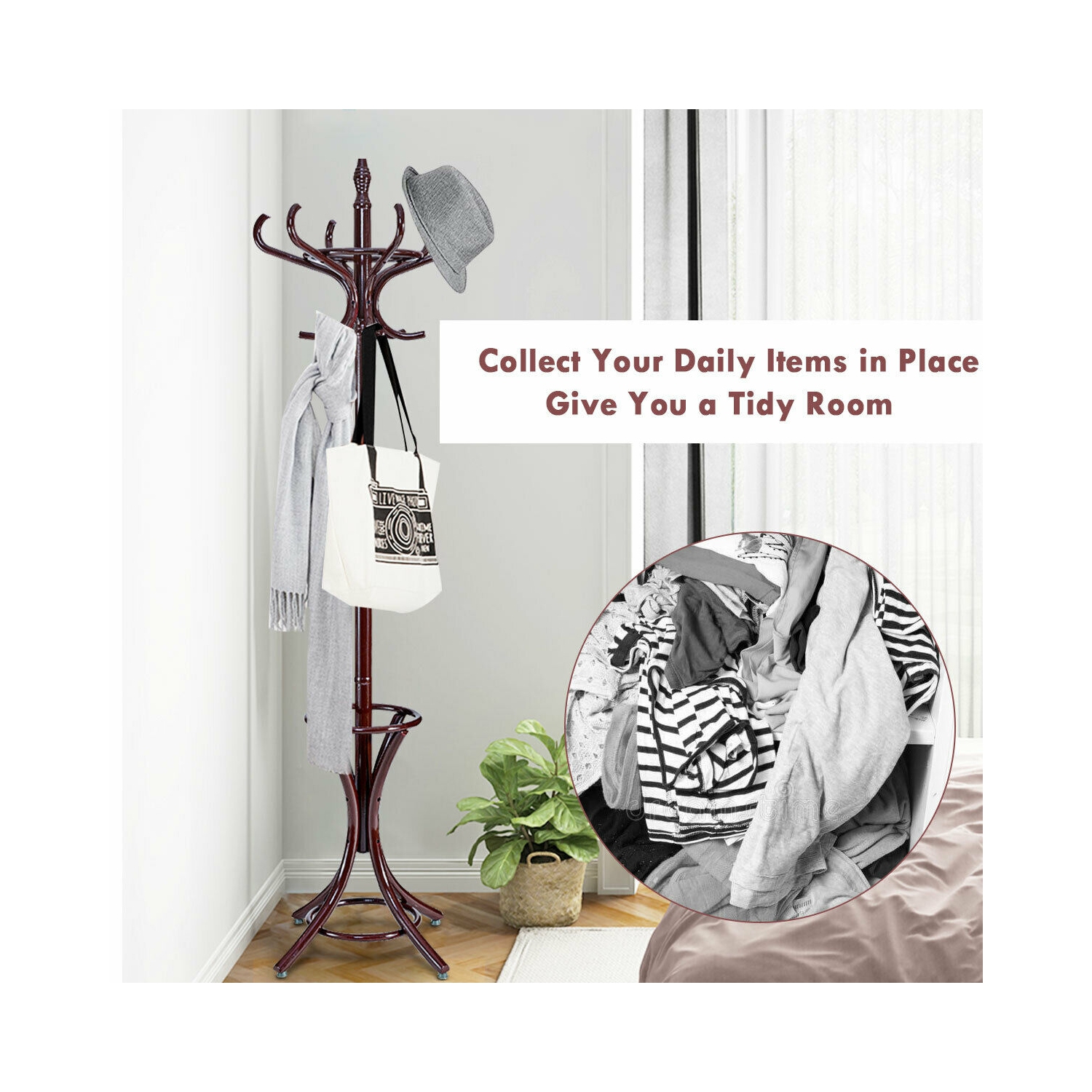 Gymax Wood Standing Hat Coat Rack Jacket Bag Hanger Tree 12 Hooks w/ Umbrella Stand