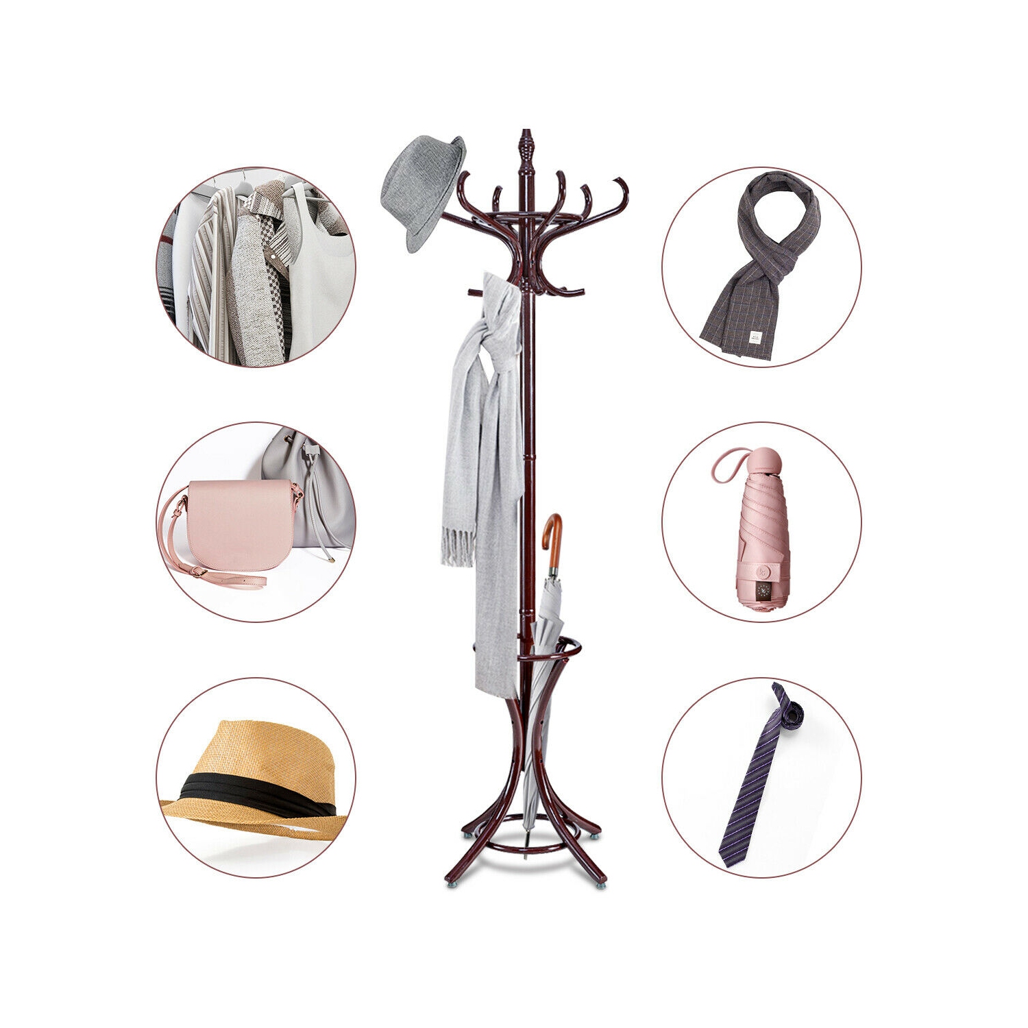Gymax Wood Standing Hat Coat Rack Jacket Bag Hanger Tree 12 Hooks w/ Umbrella Stand